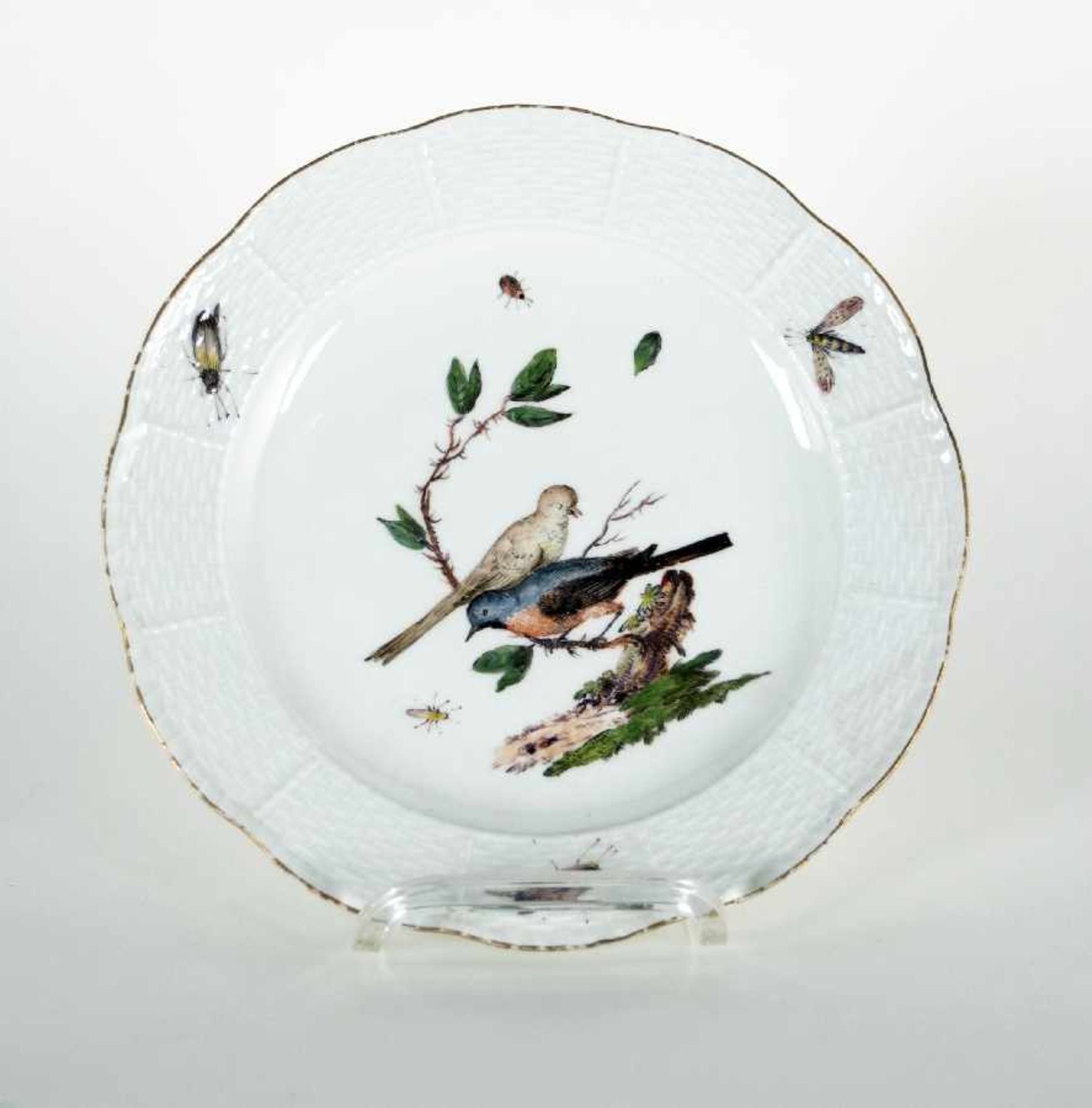 MeissenKuckuckspärchen und InsektenPorzellan; Durchm. 24 cm; SchwertermarkeMeissenCuckoos and