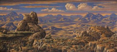Werner PeinerDüsseldorf 1897 - 1984Weite Landschaft in AfrikaTempera auf Papier auf Pappe über Holz;