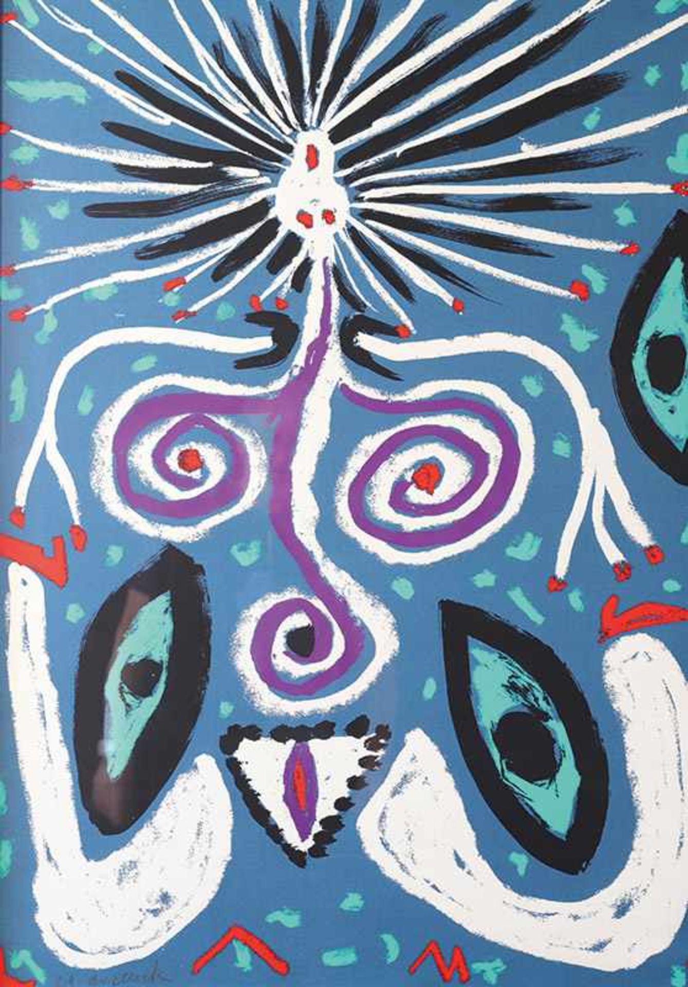 Frau auf blauem GrundA.R. Penck* (1939-2017)Farblithographie. 100 x 70 cm. Unten links signiert: e.