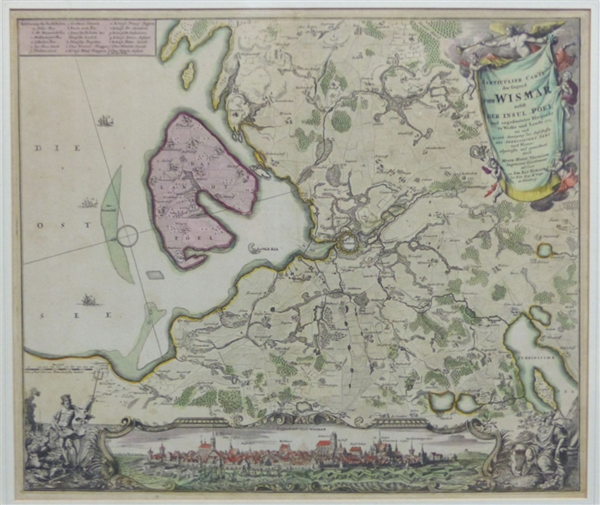 Kupferstichkarte coloriert, Homann Nürnberg, Wismar und Umgebung mit Stadtansicht, um 1720, 49x57