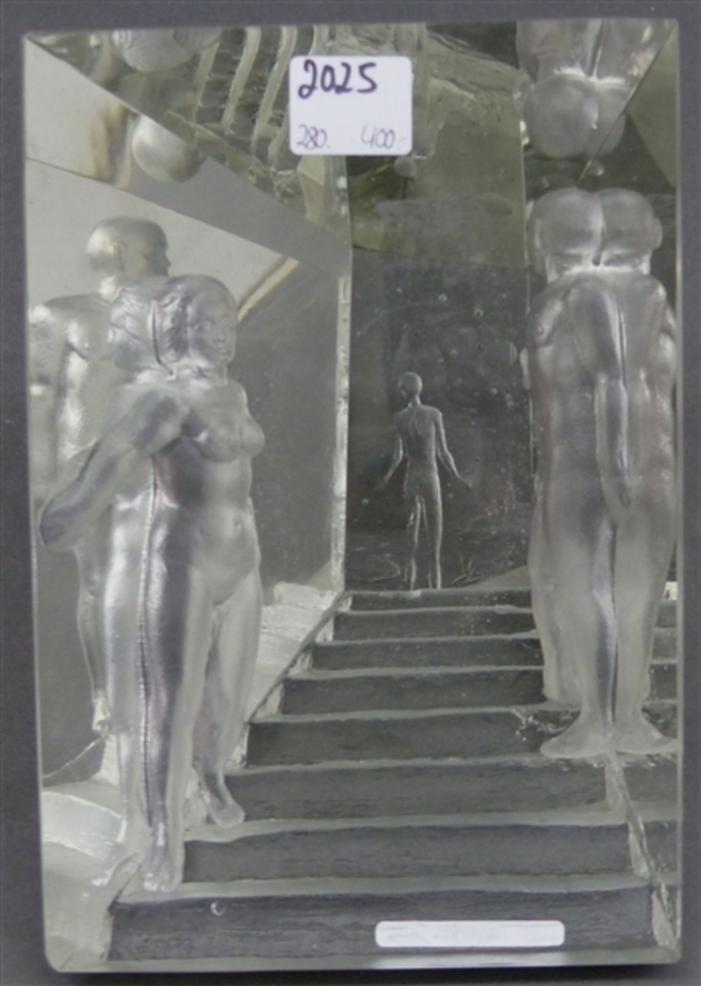 Glasobjekt Kristallglas, von Christian Klepsch, 1943, Zwickau, "Stairway to Heaven", 3 Personen,