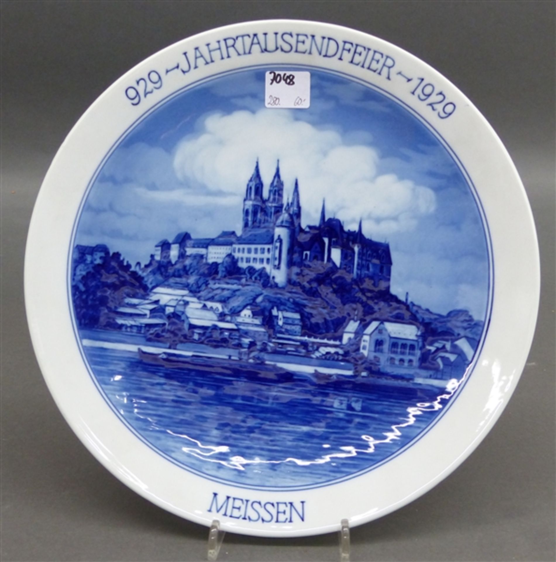 Jubiläumsteller Porzellan, "Jahrhundertfeier Meissen 929-1929", blaue Stadtansicht mit Elbe, blaue