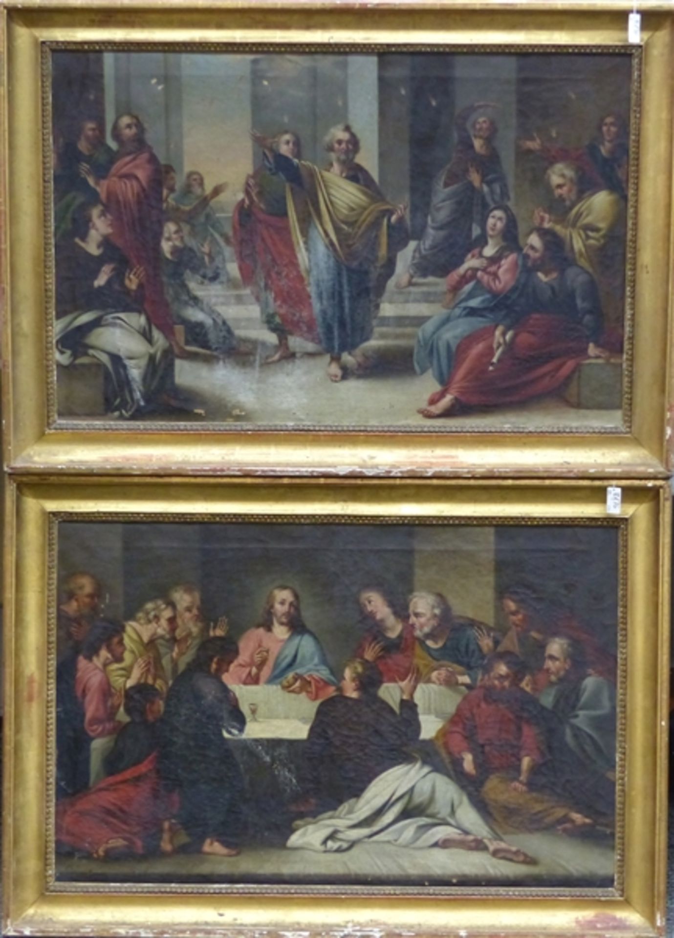 Paar Heiligenbilder, um 1900 Paar Ölgemälde auf Leinen, das letzte Abendmahl und Jesus als