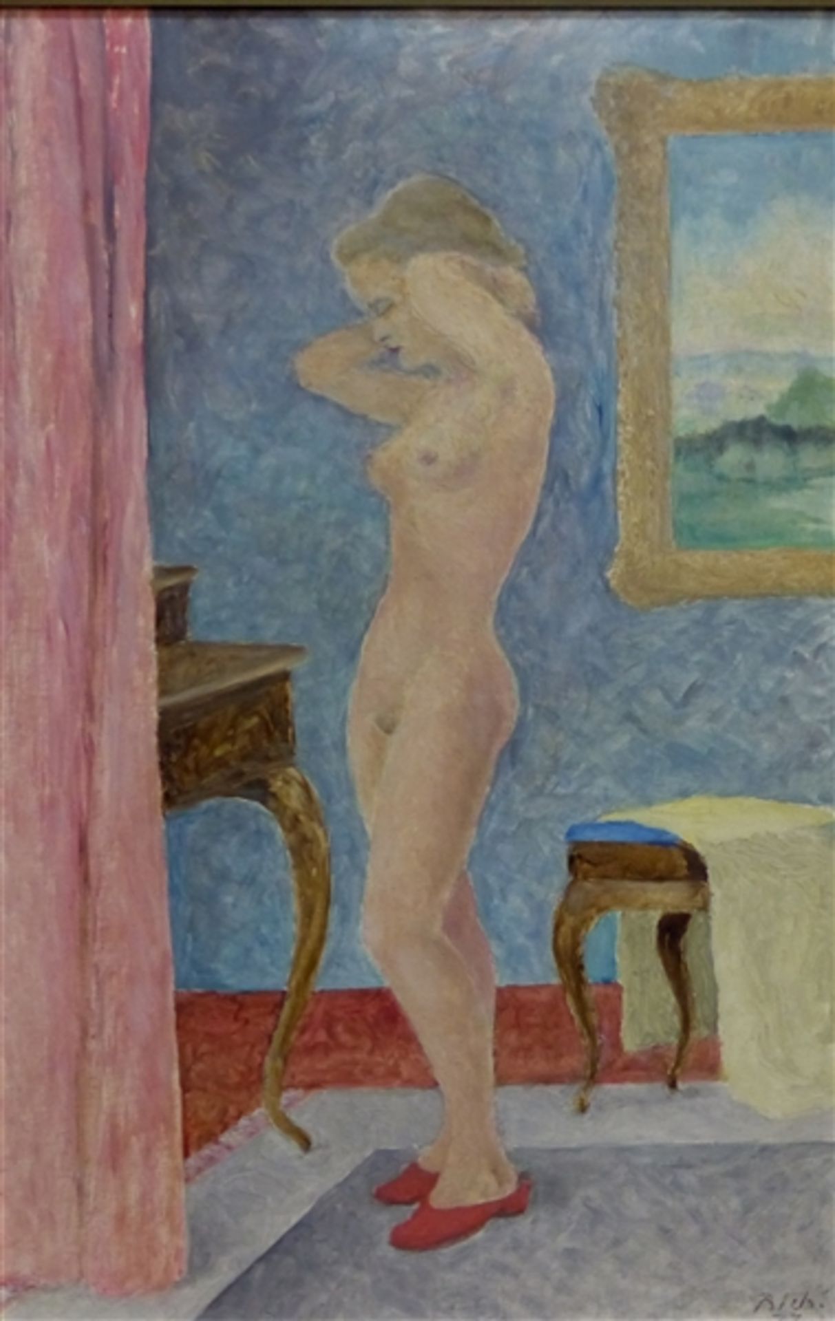 Bich Öl auf Malerpappe, stehender Damenakt, rechts unten signiert und datiert (19)77, 69x45 cm, im