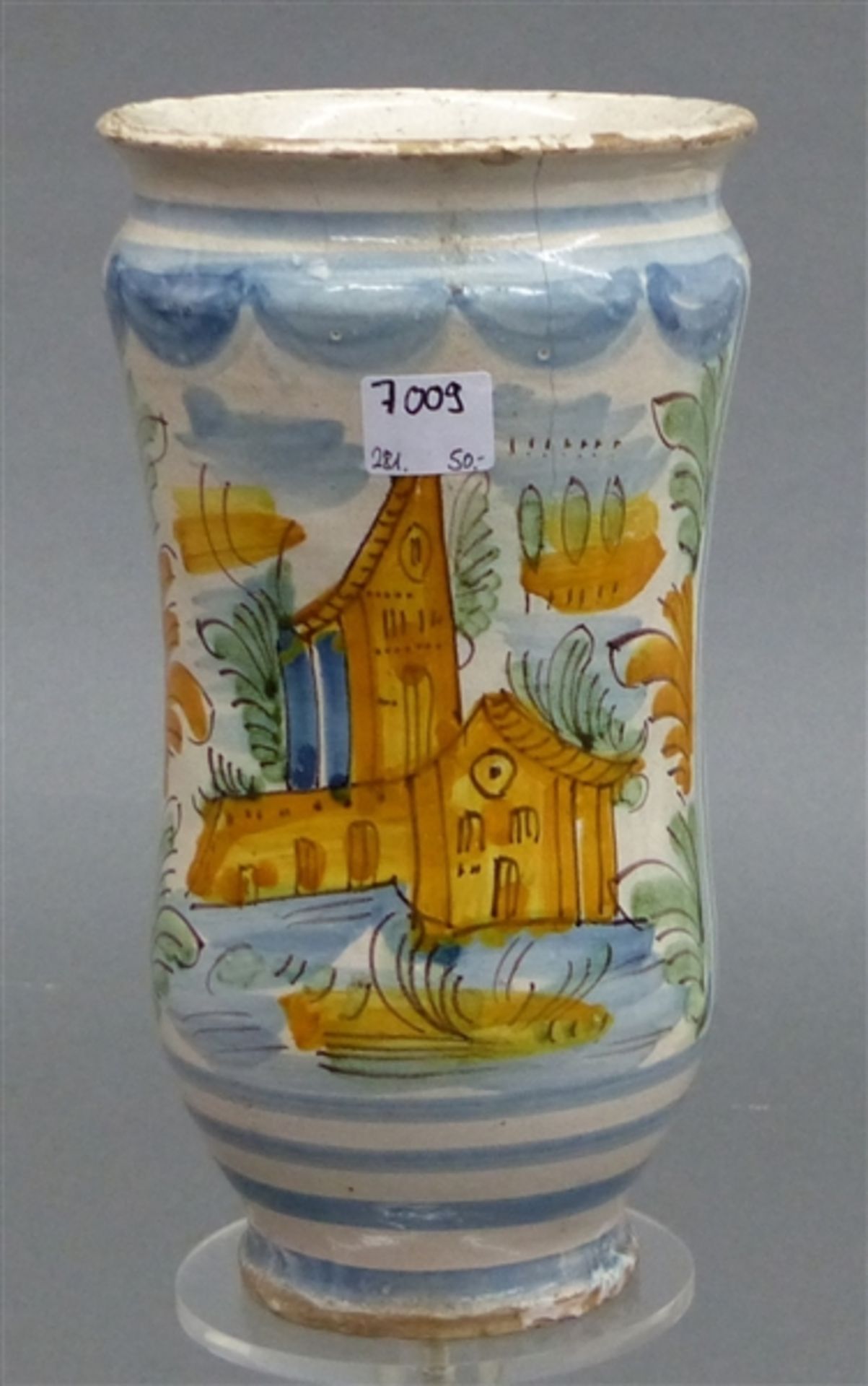 Apothekergefäß, 19. Jh Fayence, bemalt, "Landschaft mit Kirche", sogenannte Albarello, beschädigt, h