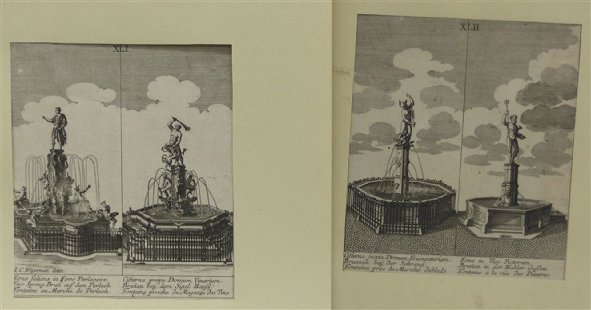 Paar Kupfertiche, um 1800 4 Augsburger Brunnen, mit Legende, beschnitten, 16x14 cm,