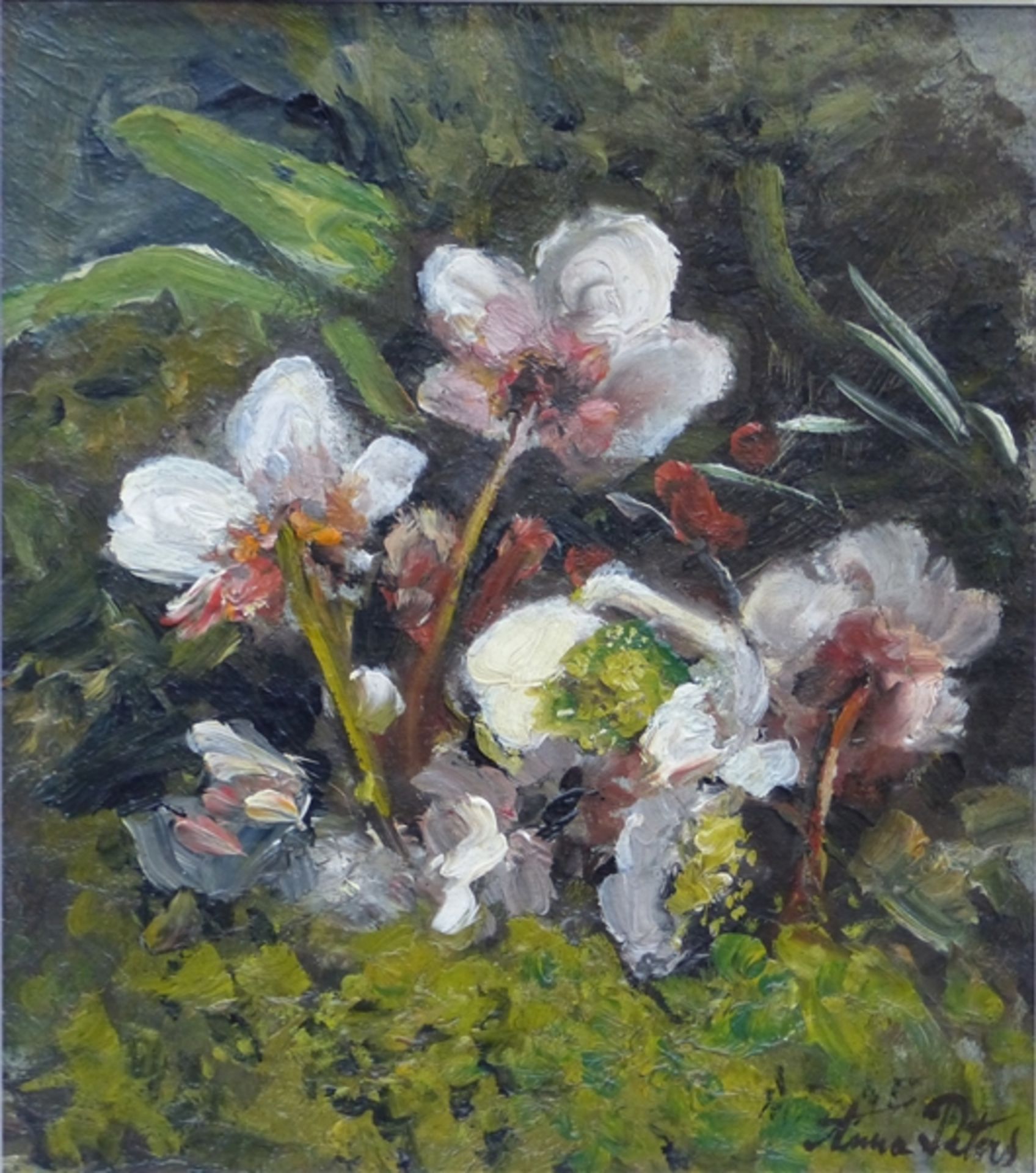 Peters, Anna 1843 Mannheim - 1926 Sonneberg, Öl auf Malerpappe, Blumen im Garten, rechts unten