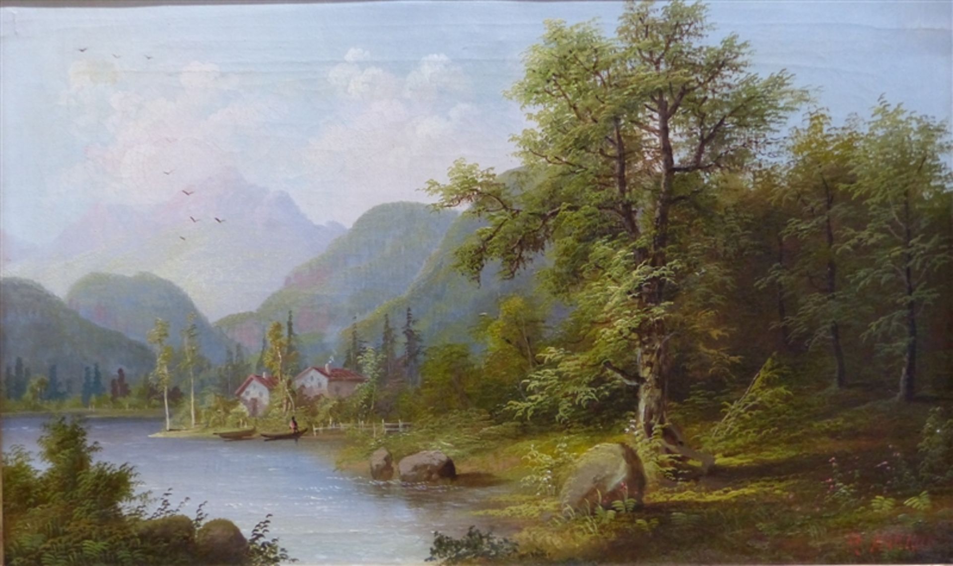 Mariolo, R. Öl auf Leinen, idyllischer Gebirgssee mit einem Fischerkahn und Häusern, rechts unten