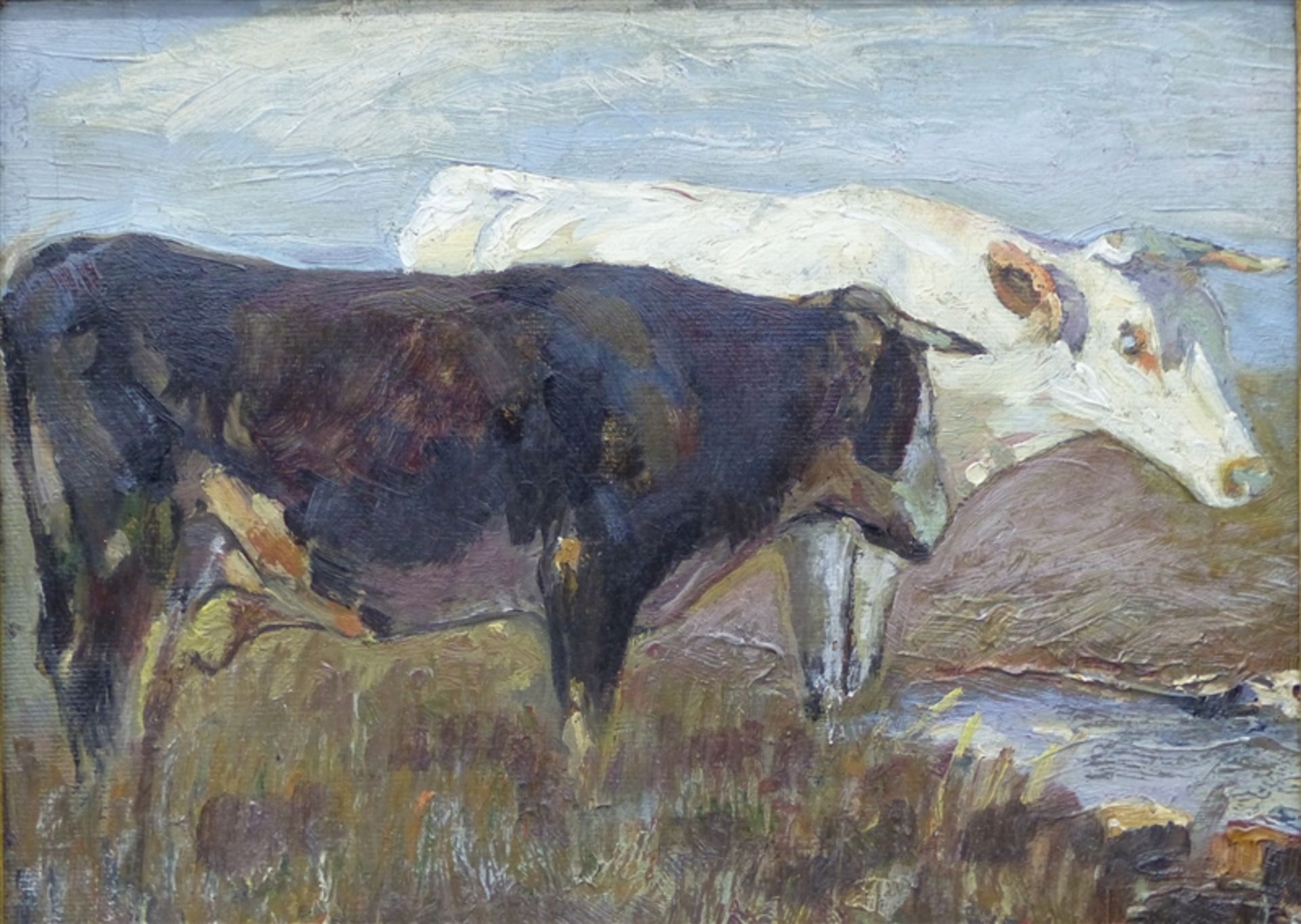 Tiermaler Öl auf Leinen, aufgezogen, 2 Kühe am Wasser, in der Art von Zügel, rechts unten