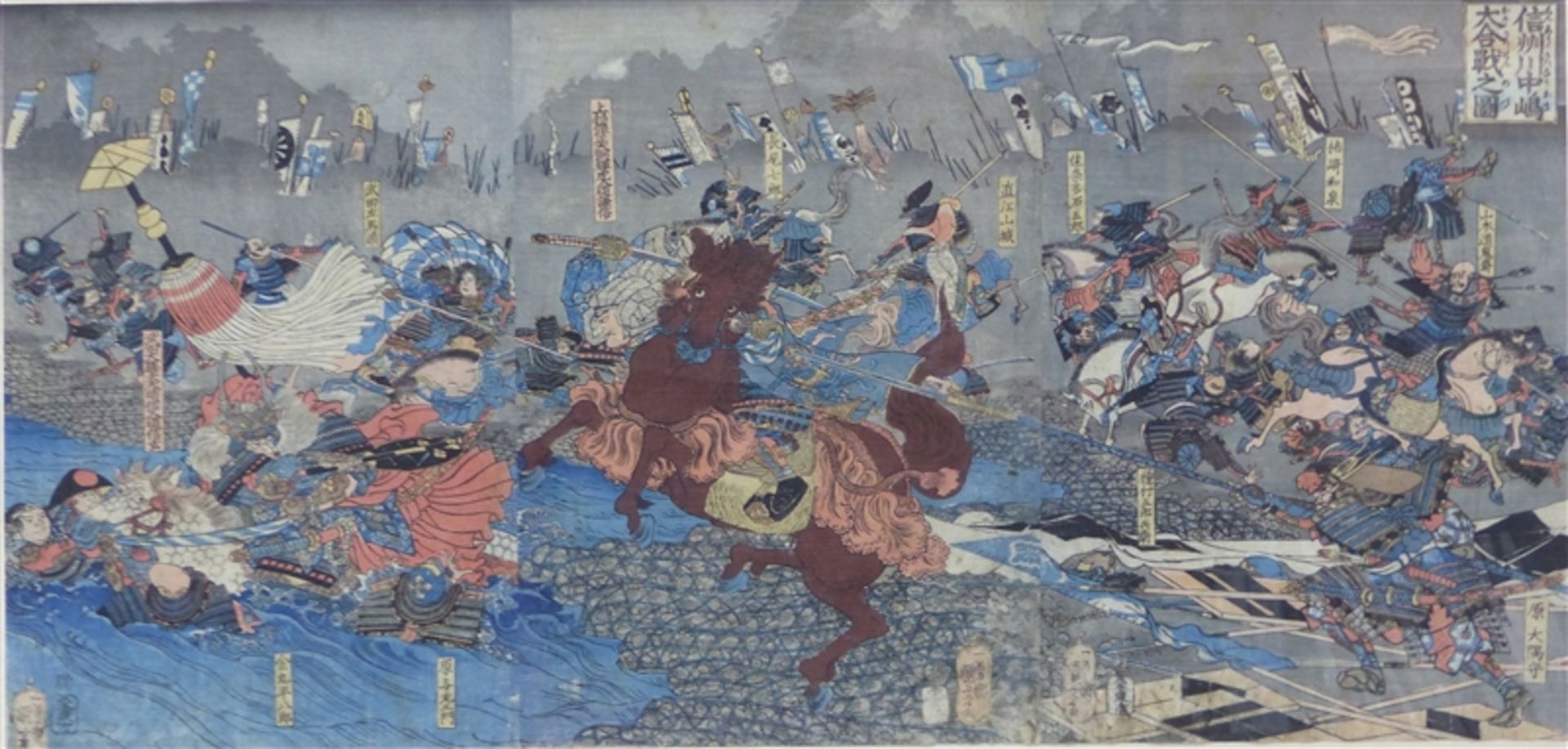 Farbholzschnitt Japan, Schlachtendarstellung zu Land und zur See, um 1900, 35x72 cm, im Rahmen,