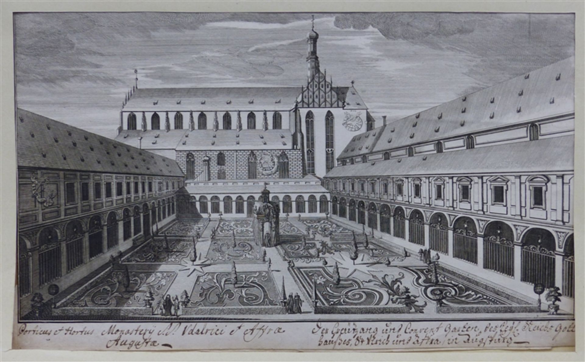 Kupferstich, um 1800 Ansicht vom Convent Garten und Kreuzgang, St. Ulrich und Afra in Augsburg,