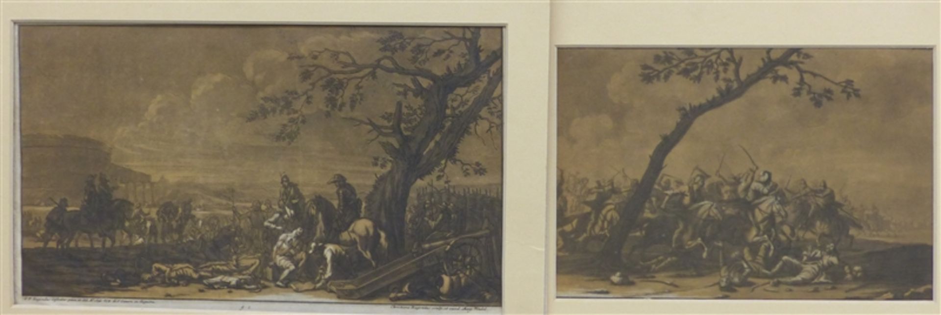 Paar Schabkunstblätter von Christian Rugendas, Schlachtenszenen, 1 x beschnitten, 20x31 cm,