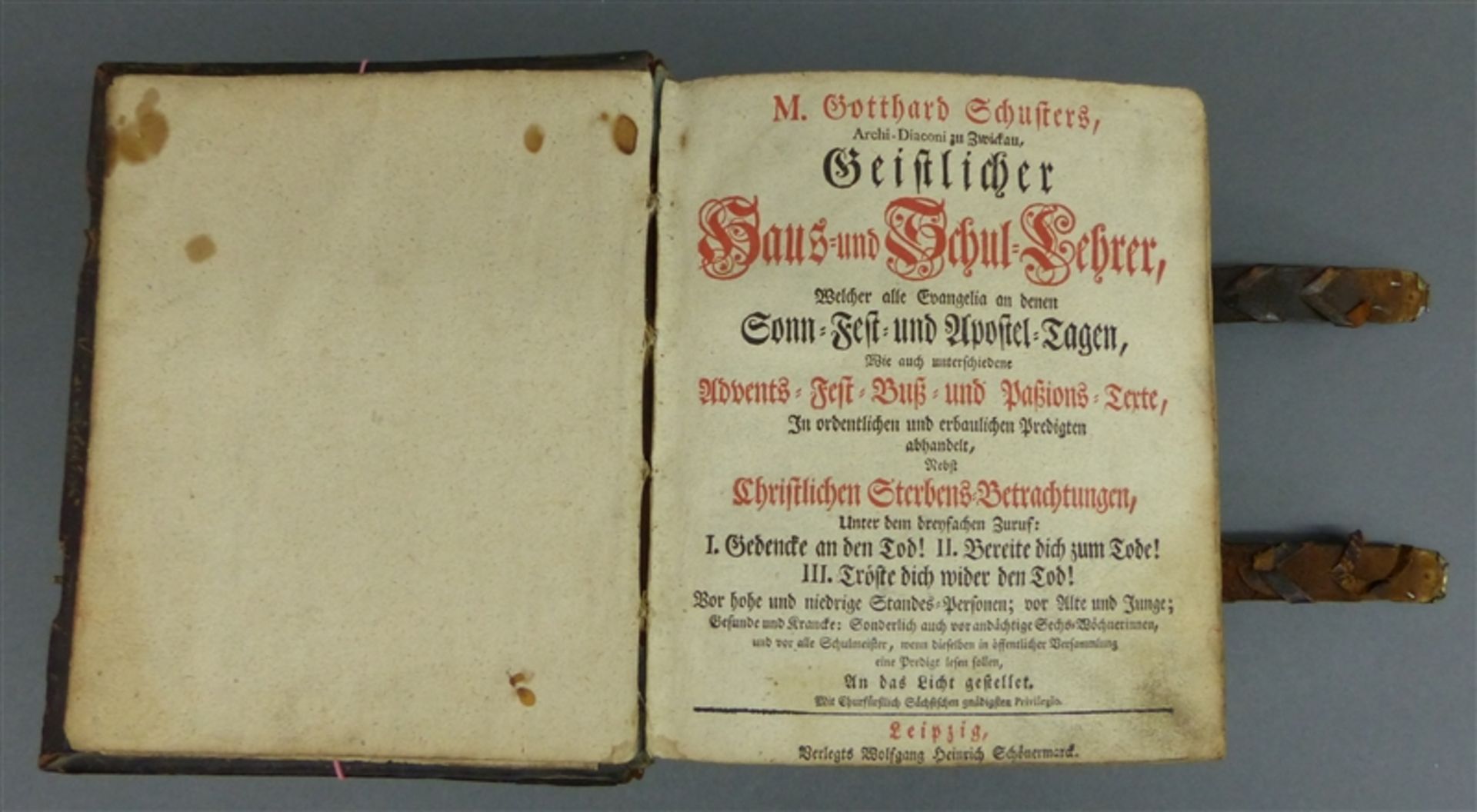 Buch christlicher Inhalt, illustriert, Leipzig, 1735, Ledereinband mit Gelbmetallecken,