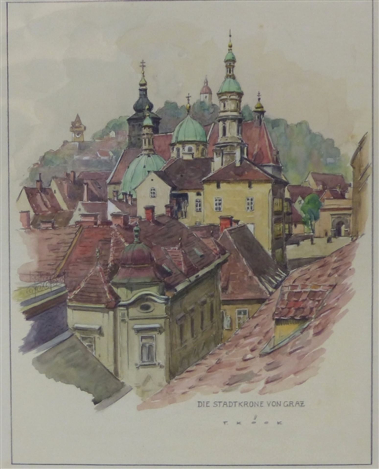 Köck, Franz 1886 - 1975, Aquarell auf Papier, "die Stadtkrone von Graz", rechts unten signiert,