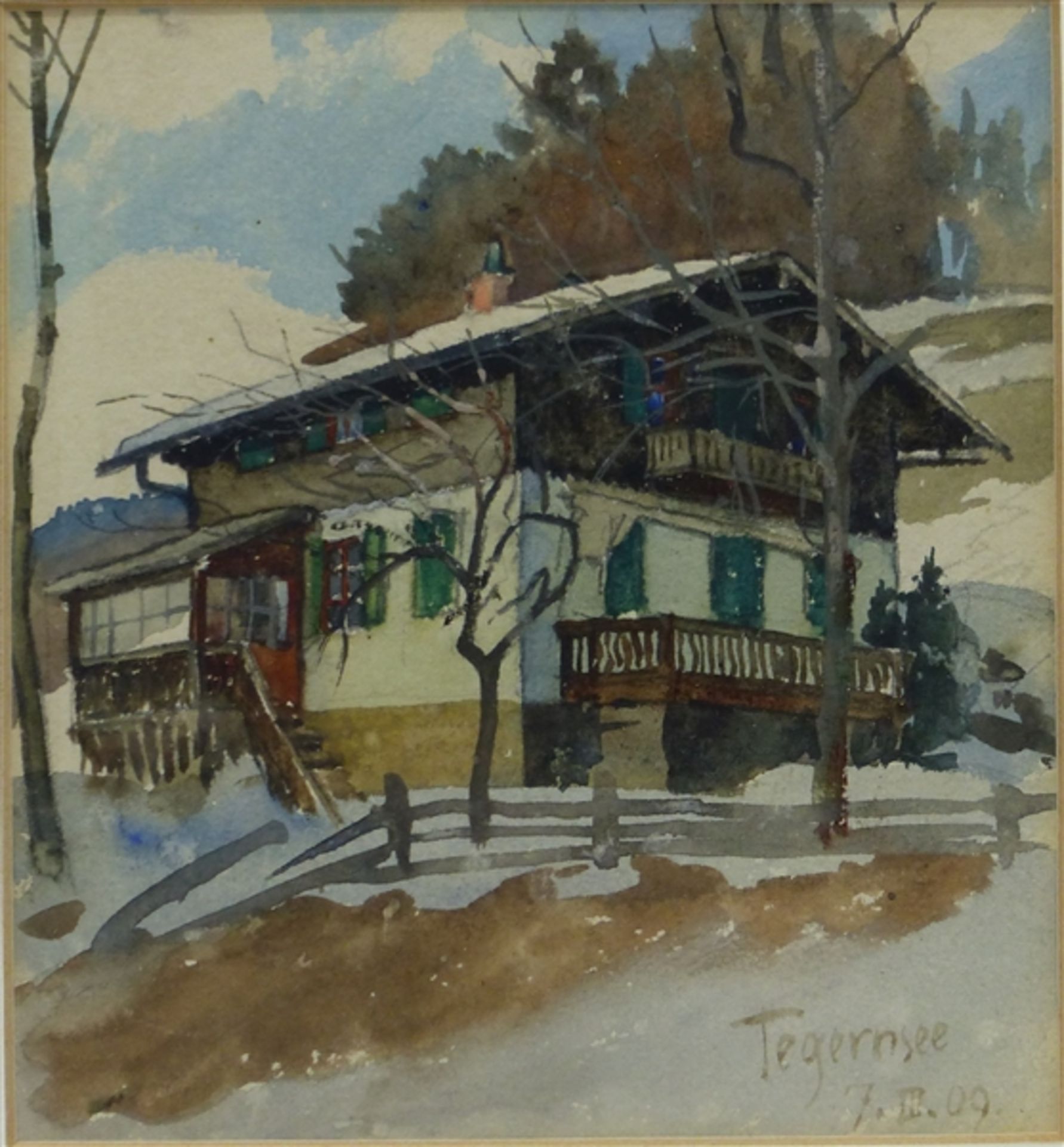 Oberbayern, 1909 Aquarell auf Papier, Gebirgshütte am Tegernsee, rechts unten bezeichnet und datiert