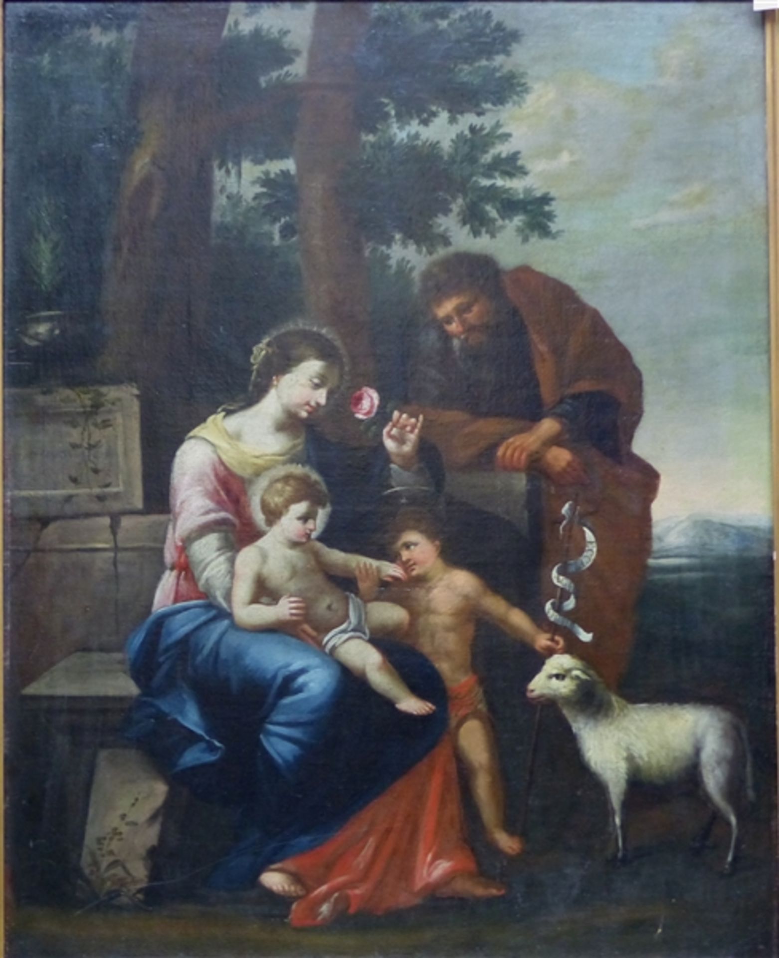Italien, um 1800 Öl auf Leinen, Darstellung der Hl. Familie mit Lamm, feine Ausarbeitung, 36x76