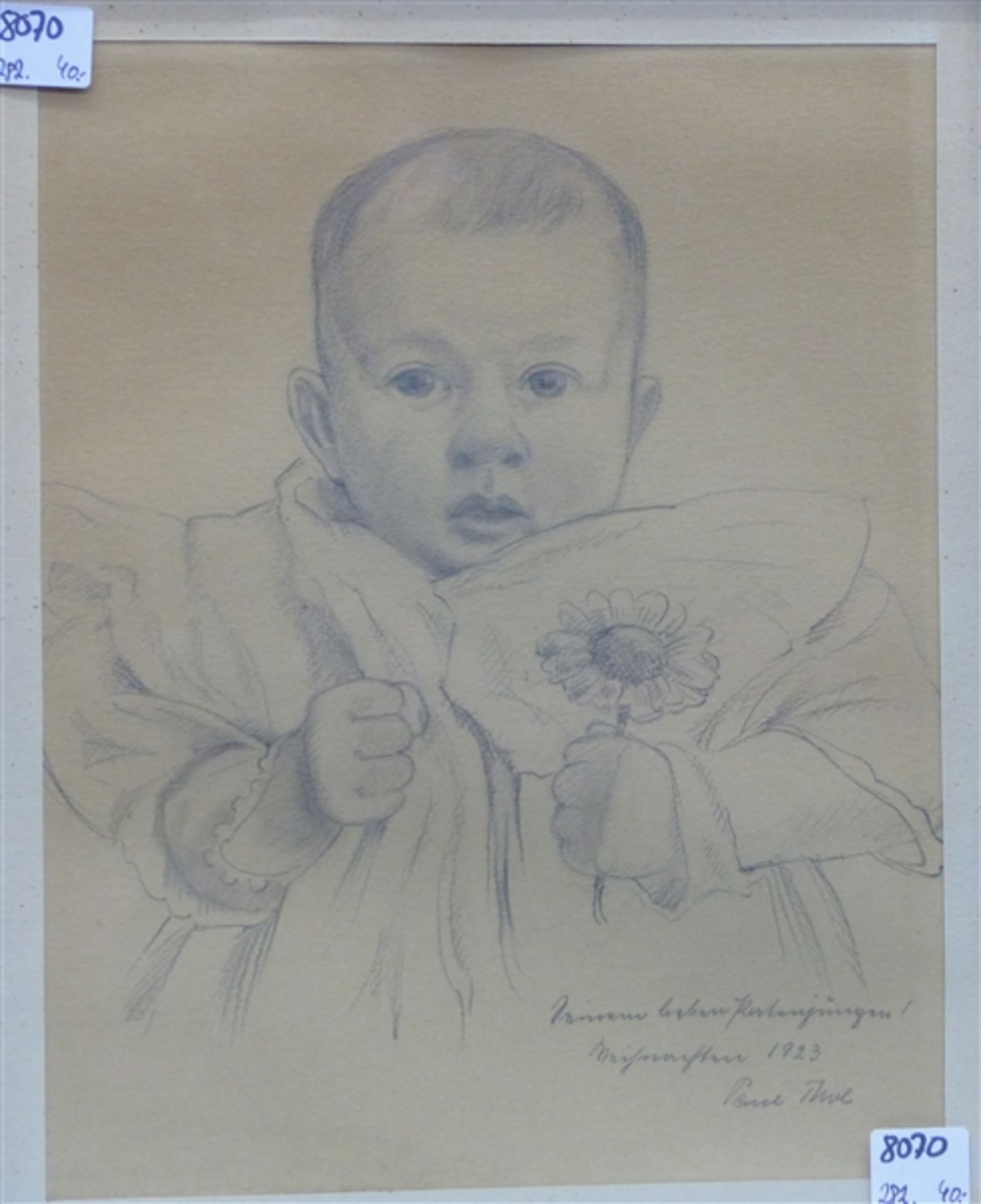 Thol, Paul, Professor Bleistiftzeichnung auf Papier, kleines Kind mit Blume in der Hand, rechts