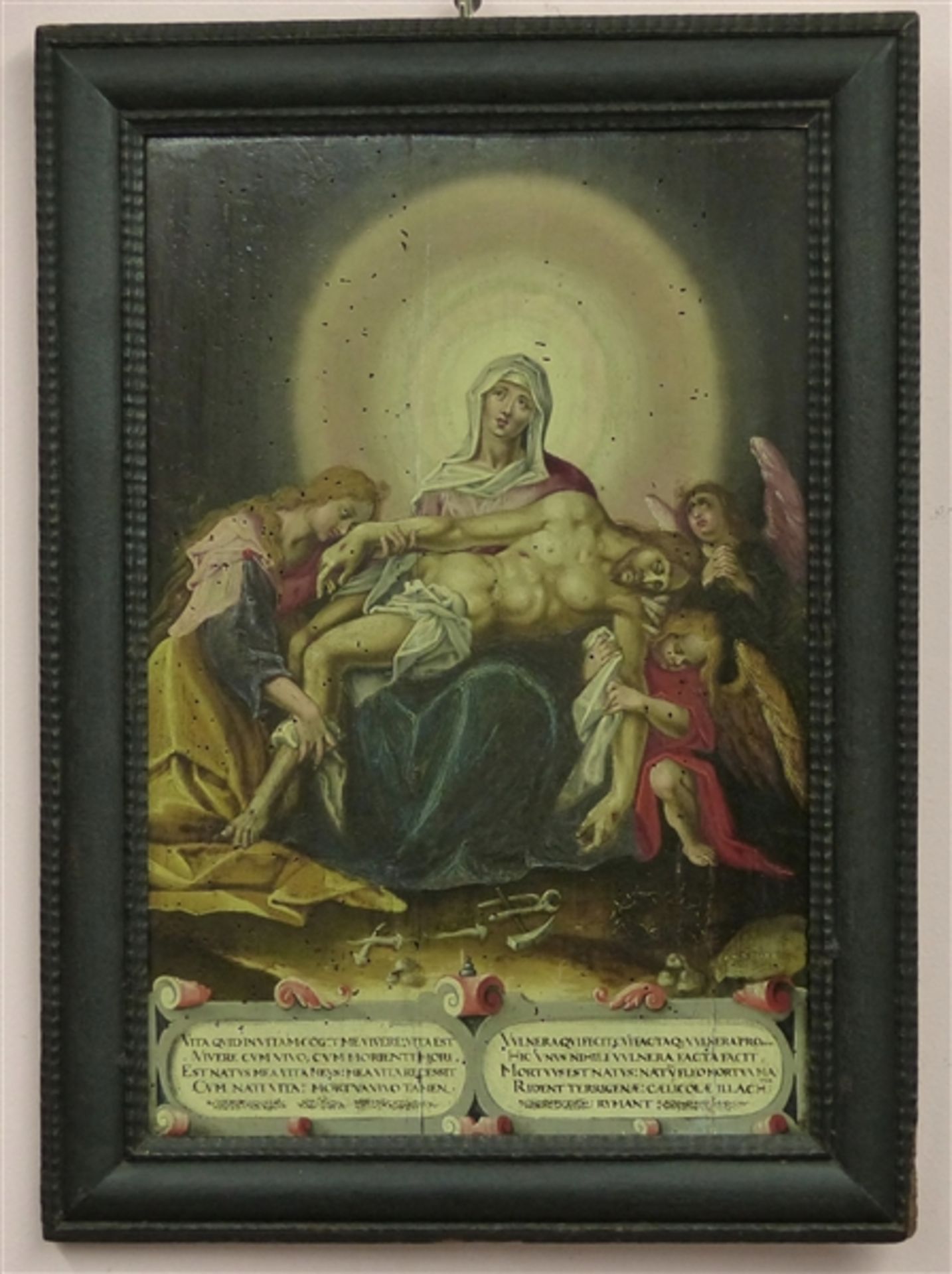 EX-VOTO, um 1608 Öl auf Holz, Madonna mit Erzengeln bei der Grablegung Christi, gute Arbeit,