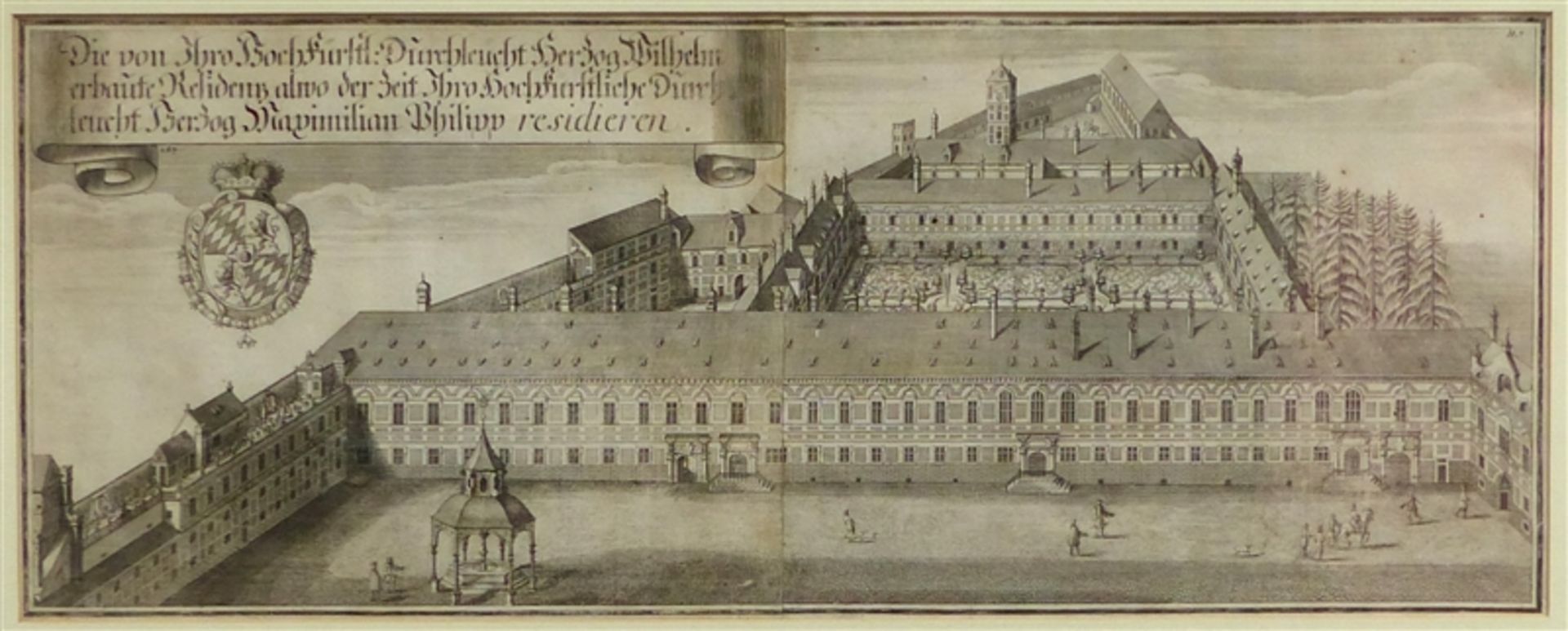 Kupferstich, 18. Jh. Ansicht der Residenz in München, mit Wappen, wohl Matthäus Merian, 29x70 cm, im
