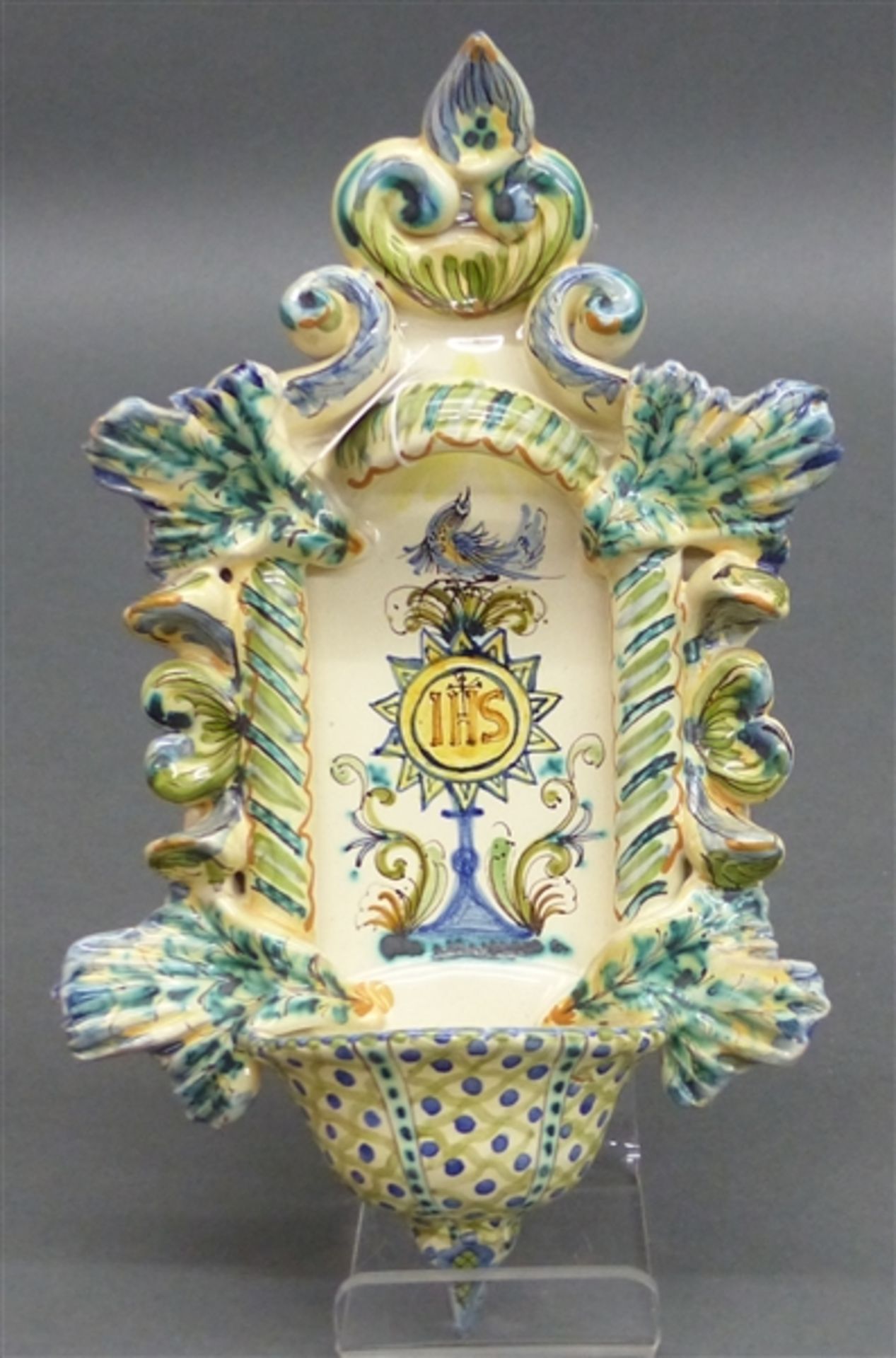 Weihwasserbecken Keramik, Italien 20. Jh., bunte Glasur, h 23 cm,