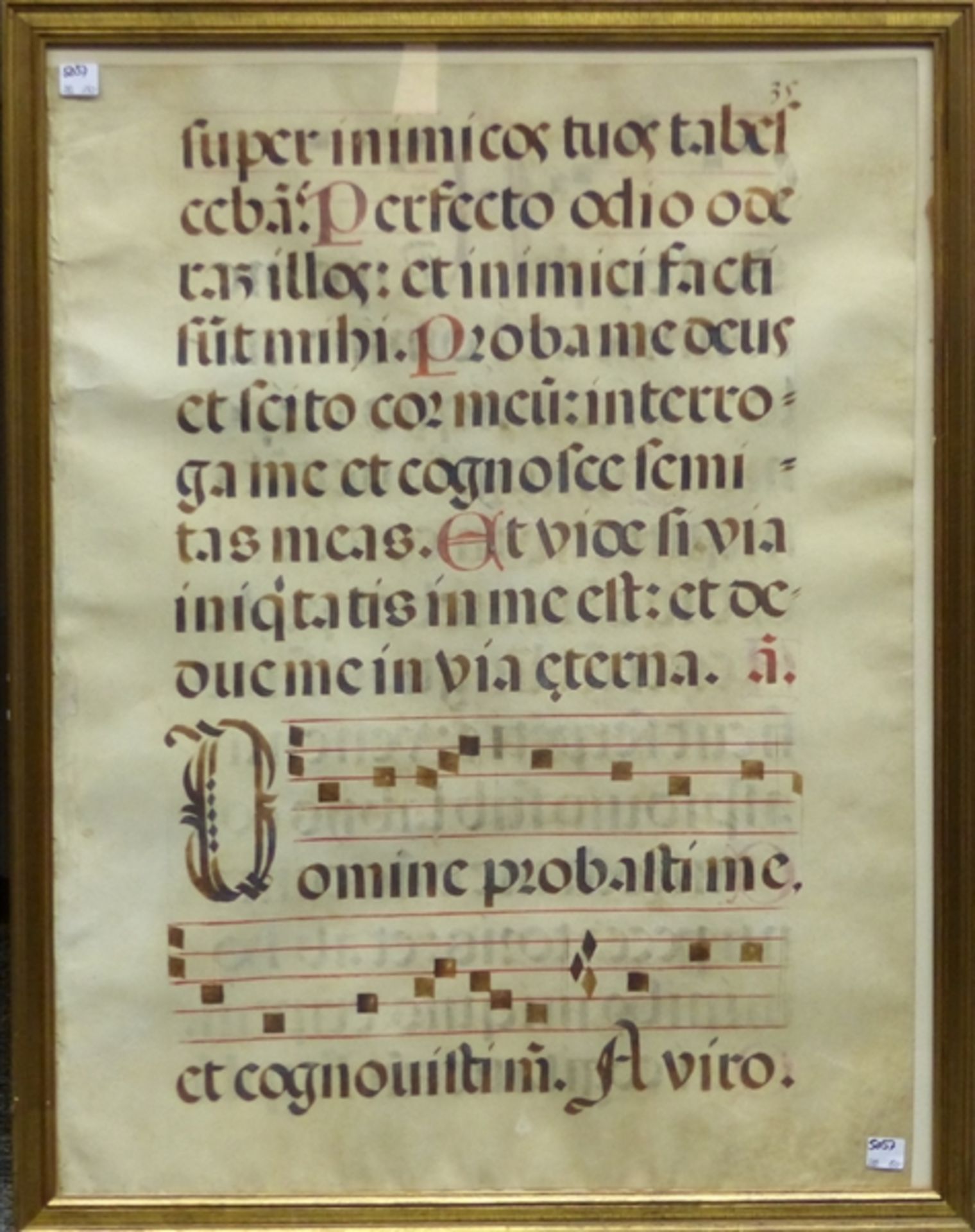 Inkunabelblatt auf Pergament, um 1600, mit Notenzeilen, Randbeschädigungen, 69x52 cm, im Rahmen,