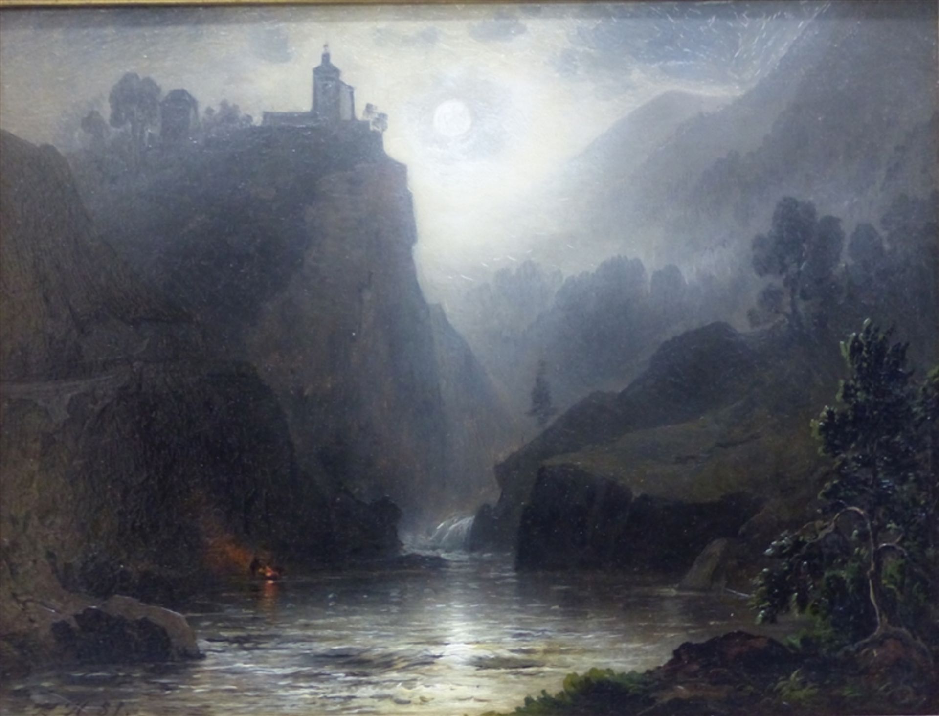 Heilmayer, Karl 1829-1908, Öl auf Holz, Flusslandschaft in felsiger Umgebung, links auf dem Berg