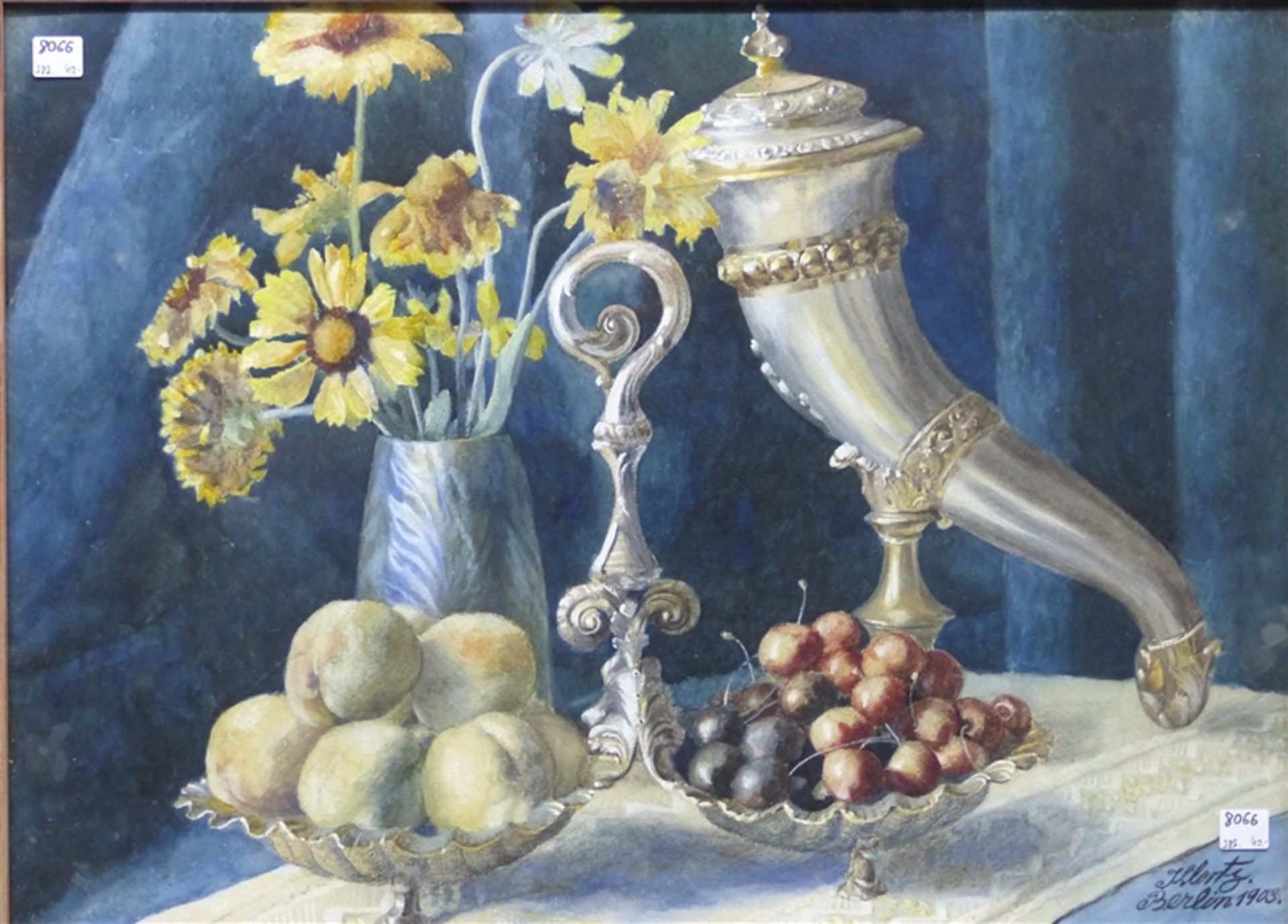 Klerts ? Aquarell und Mischtechnik, Stilleben mit Blumen, Trinkhorn und Obst, rechts unten
