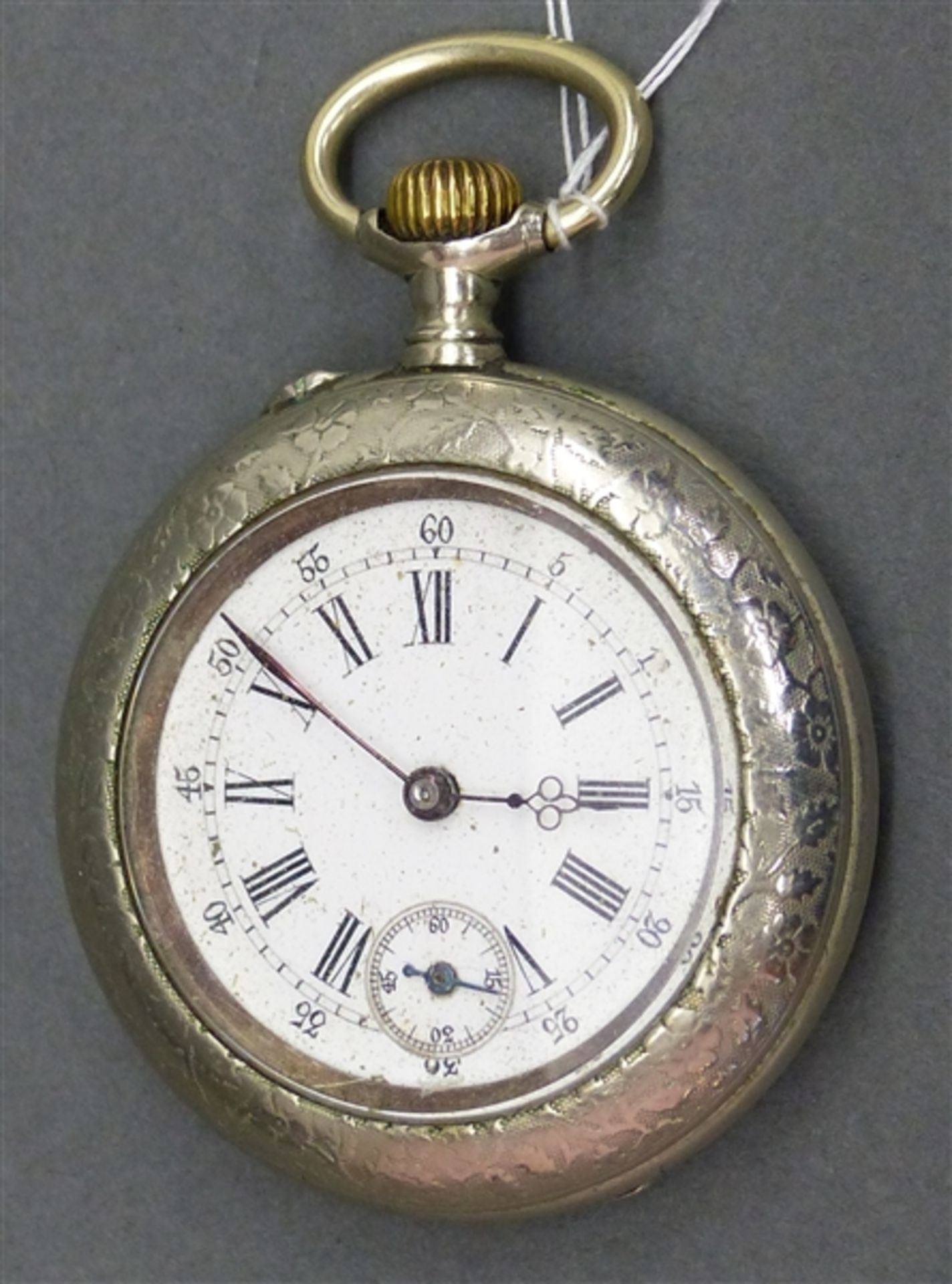 Taschenuhr Silbergehäuse, graviert, Kronenaufzug, Ankerwerk, weißes Emailzifferblatt, römische