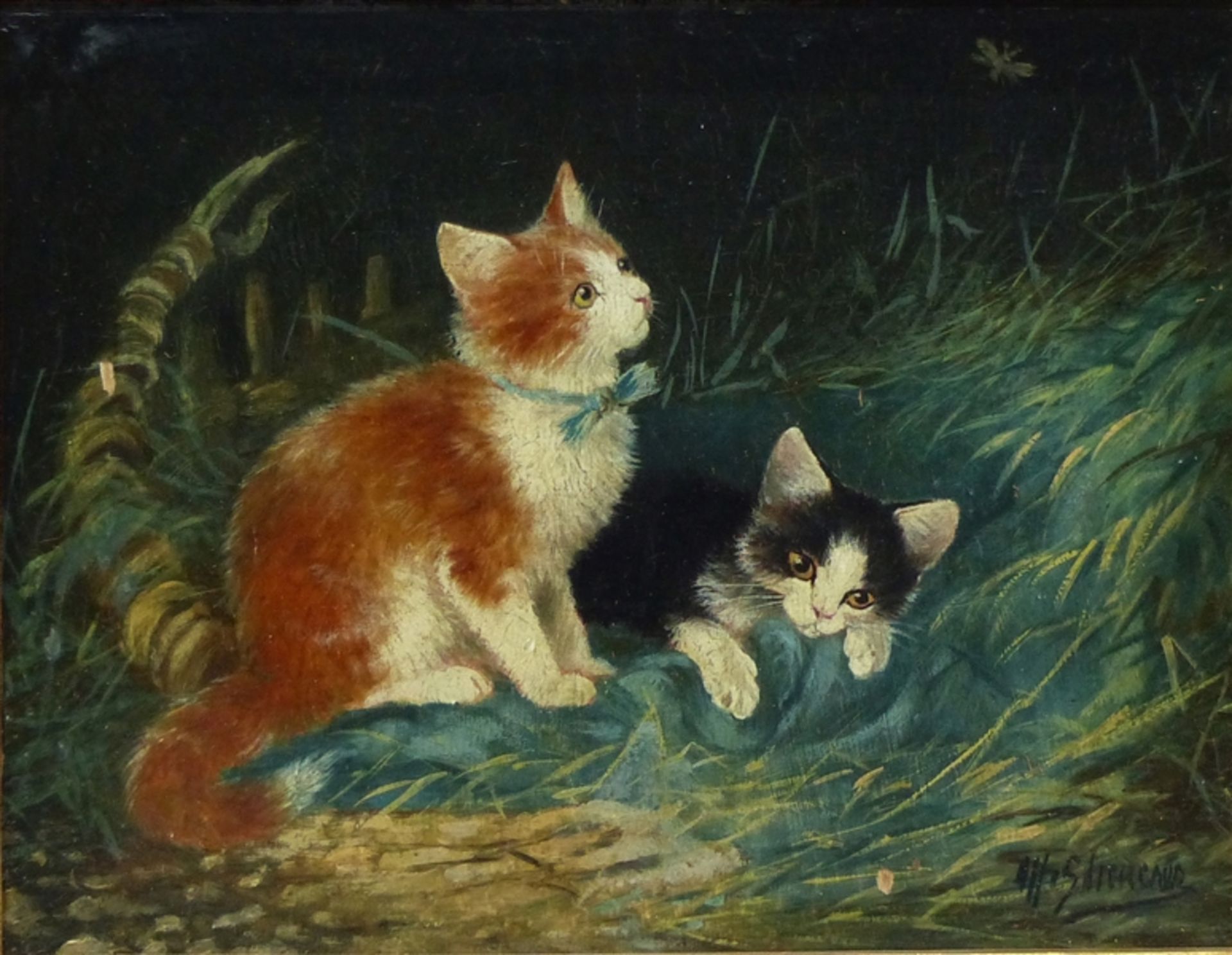 Scheuerer, Otto München 1862-1934, Öl auf Holz, zwei Hauskatzen im Gras, rechts unten signiert, 12 x