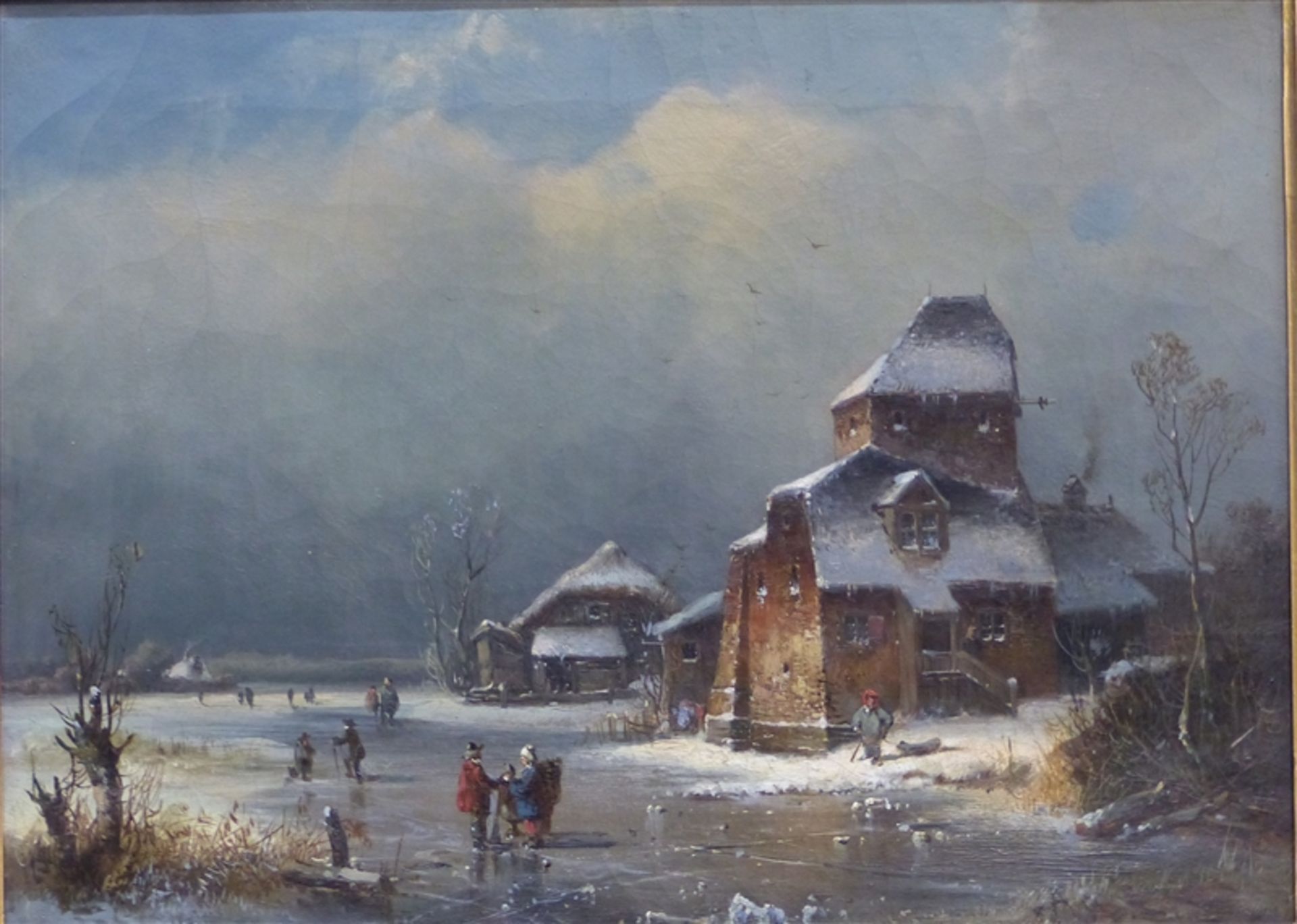 Stademann, Adolf 1824 - 1895 München, Öl auf Leinen, winterliches Eisvergnügen mit Häusern und
