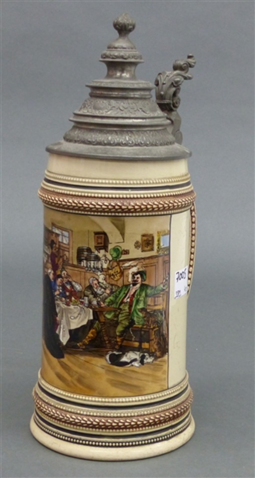 Bierkrug Keramik, um 1900, Zinndeckel, 1 ltr., Defreggermotiv, h 29 cm,