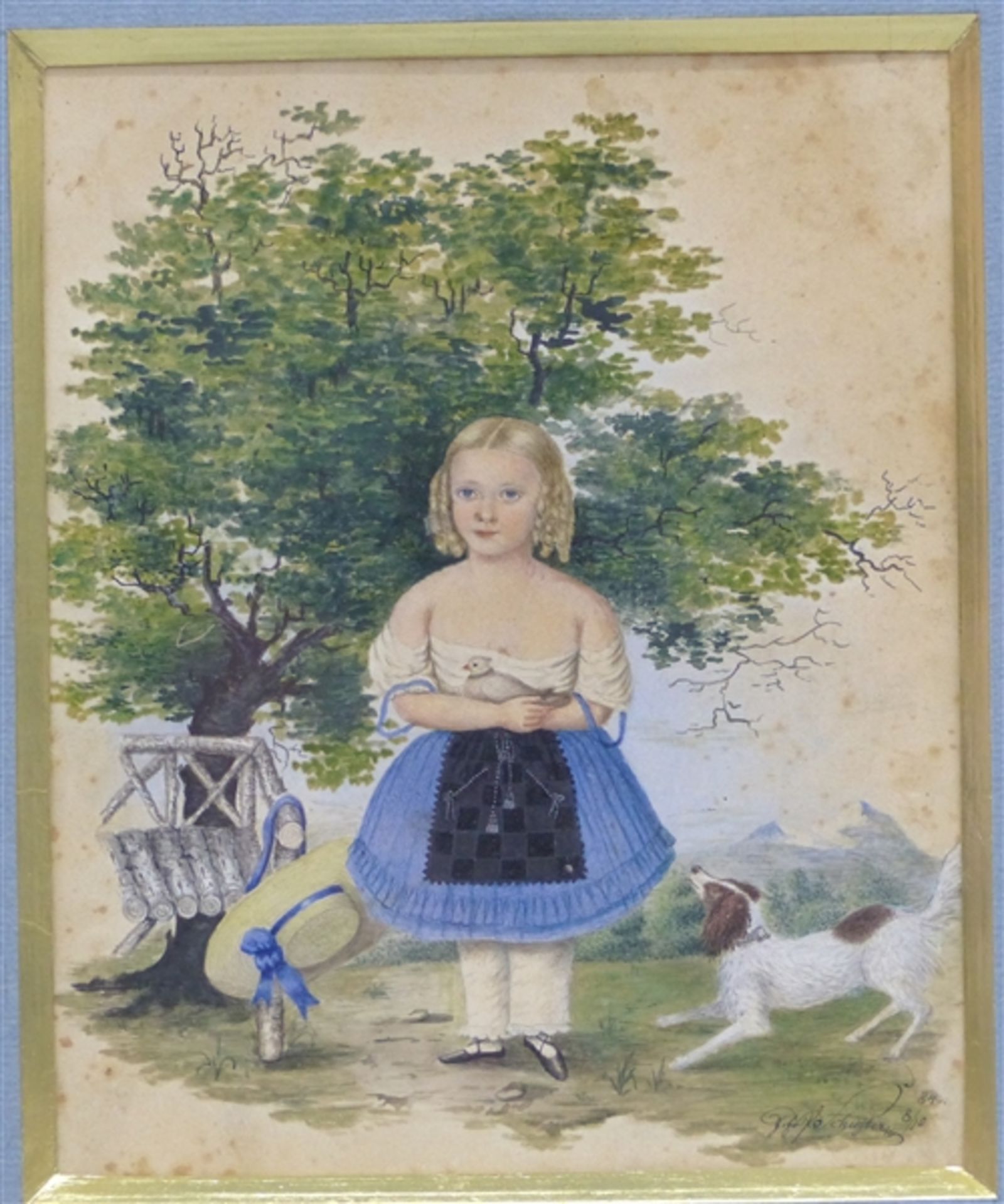 Biedermeier-Aquarell um 1840, "Mädchen mit kleinem Vogel und einem Hund", rechts unten unleserlich