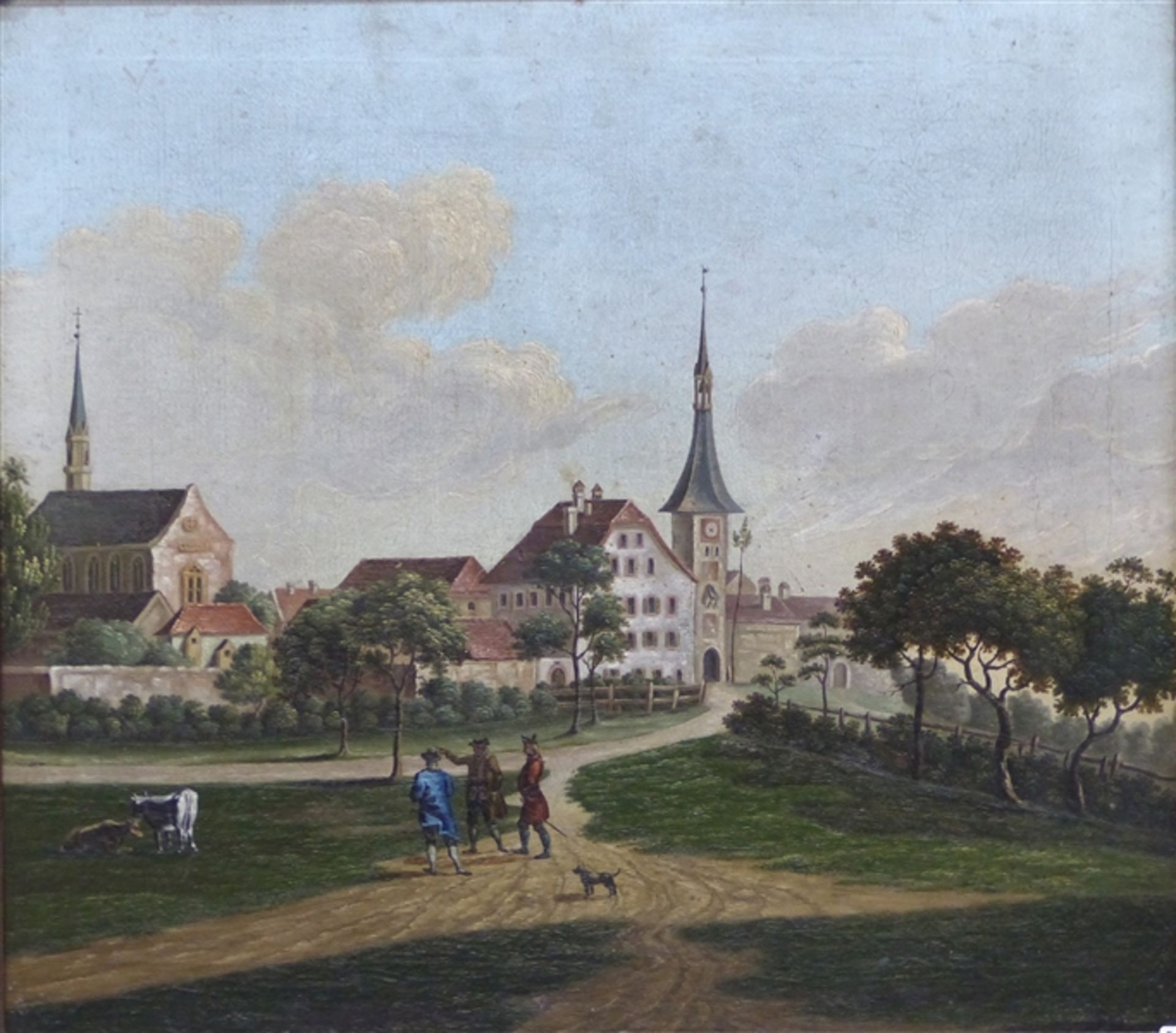 Deutsch, um 1800 Öl auf Leinen auf Karton, Ansicht von Stadtbergen mit Kirche, Spaziergängerin und