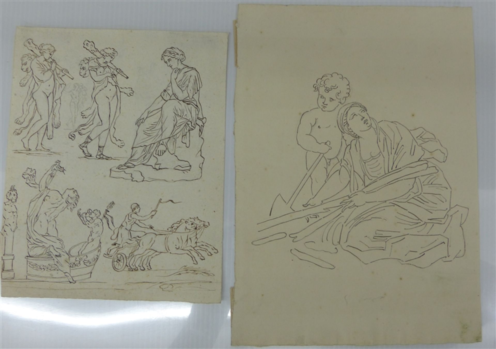 Paar Skizzen Ludwig von Schwanthaler, 1802 München 1848, Skizzenblätter, "Antike Figuren", Feder auf