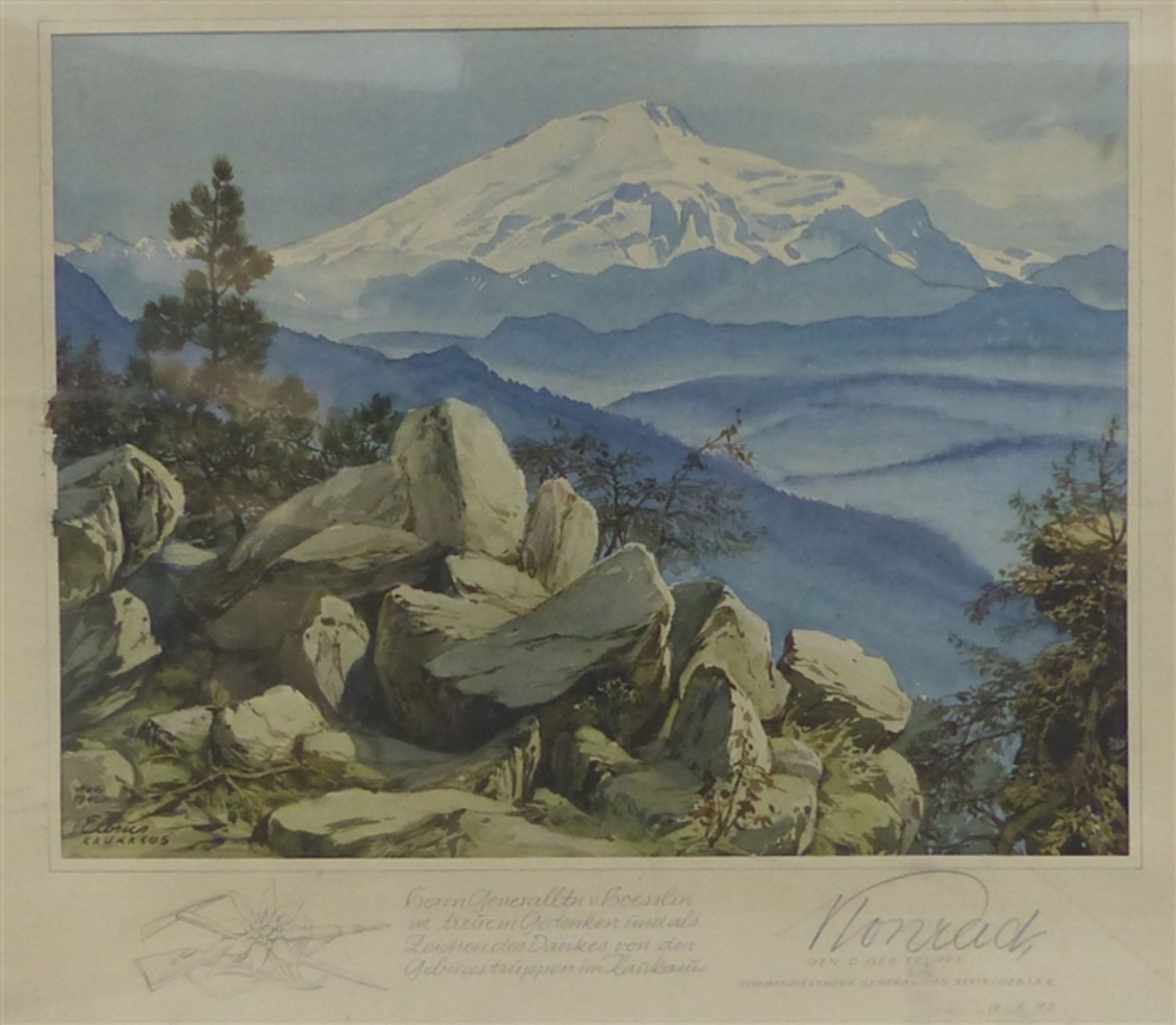 Unbekannt, (19)43 Aquarell auf Papier, Ansicht von Elbrus im Kaukasus, mit Widmung für