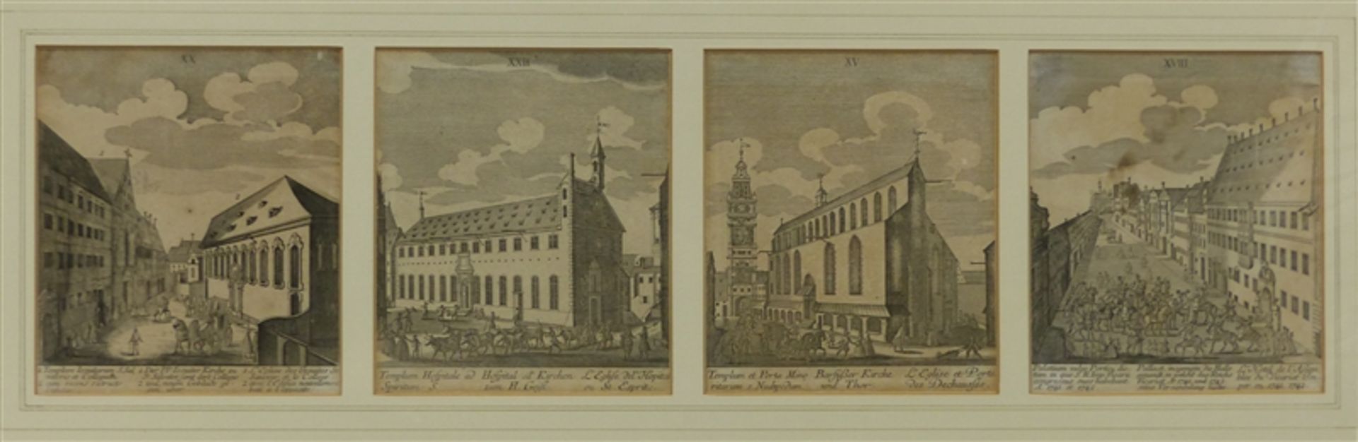 4 Kupferstiche, um 1800 Augsburger Ansichten, mit Beschreibung, je 17x14 cm, in einem Rahmen,