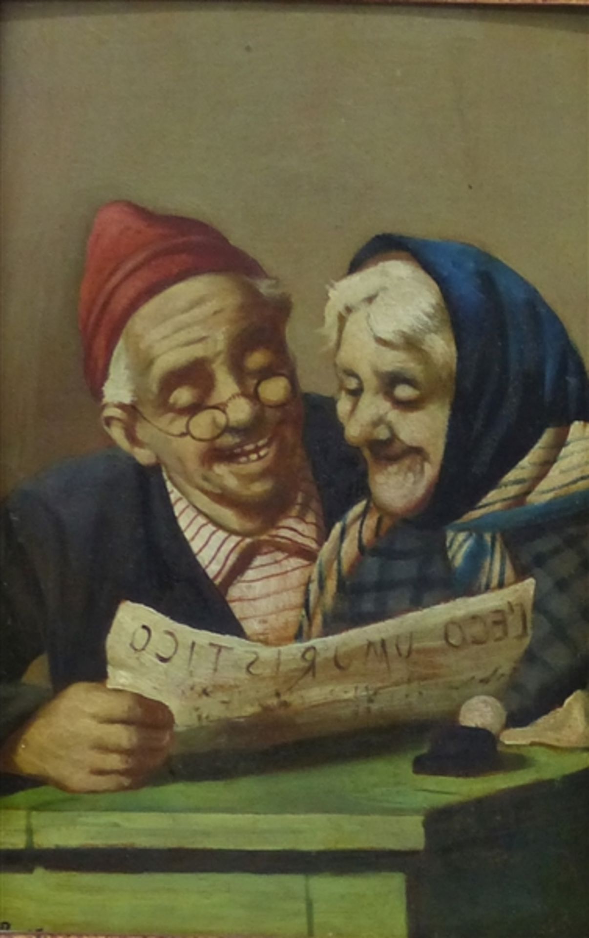 Italien, um 1900 Öl auf Holz, älteres Ehepaar freut sich über die neuesten Zeitungsinformationen,