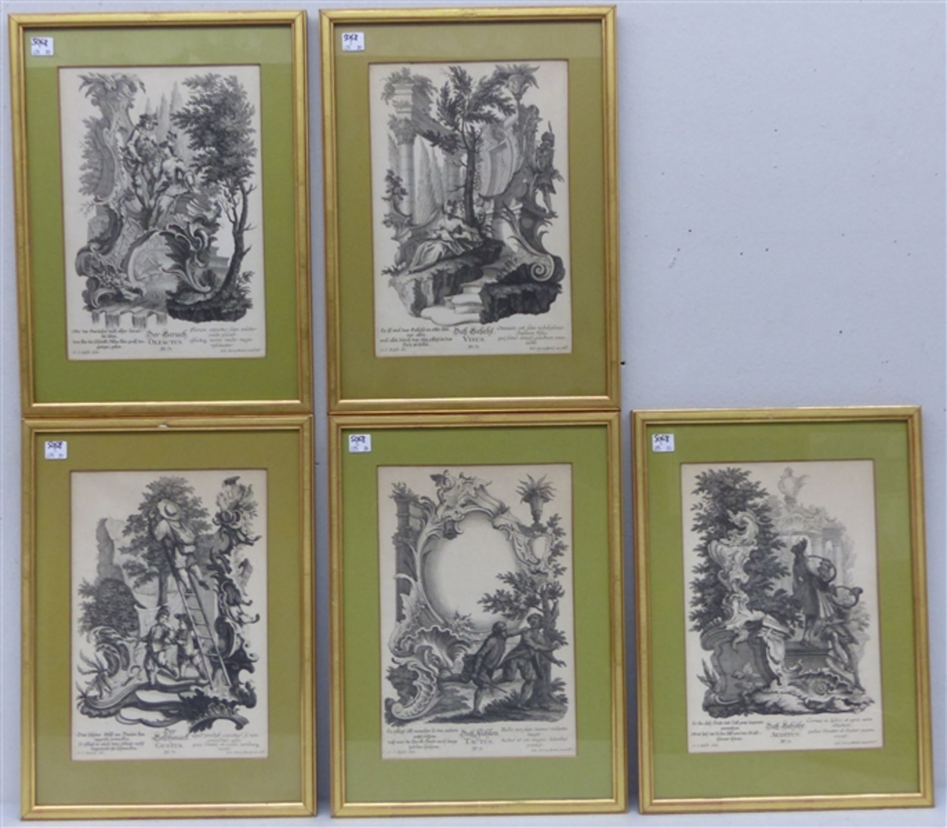 5 Kupferstiche, 18. Jh. von Johann Georg Hertel, "figürliche Darstellungen der fünf Sinne", mit
