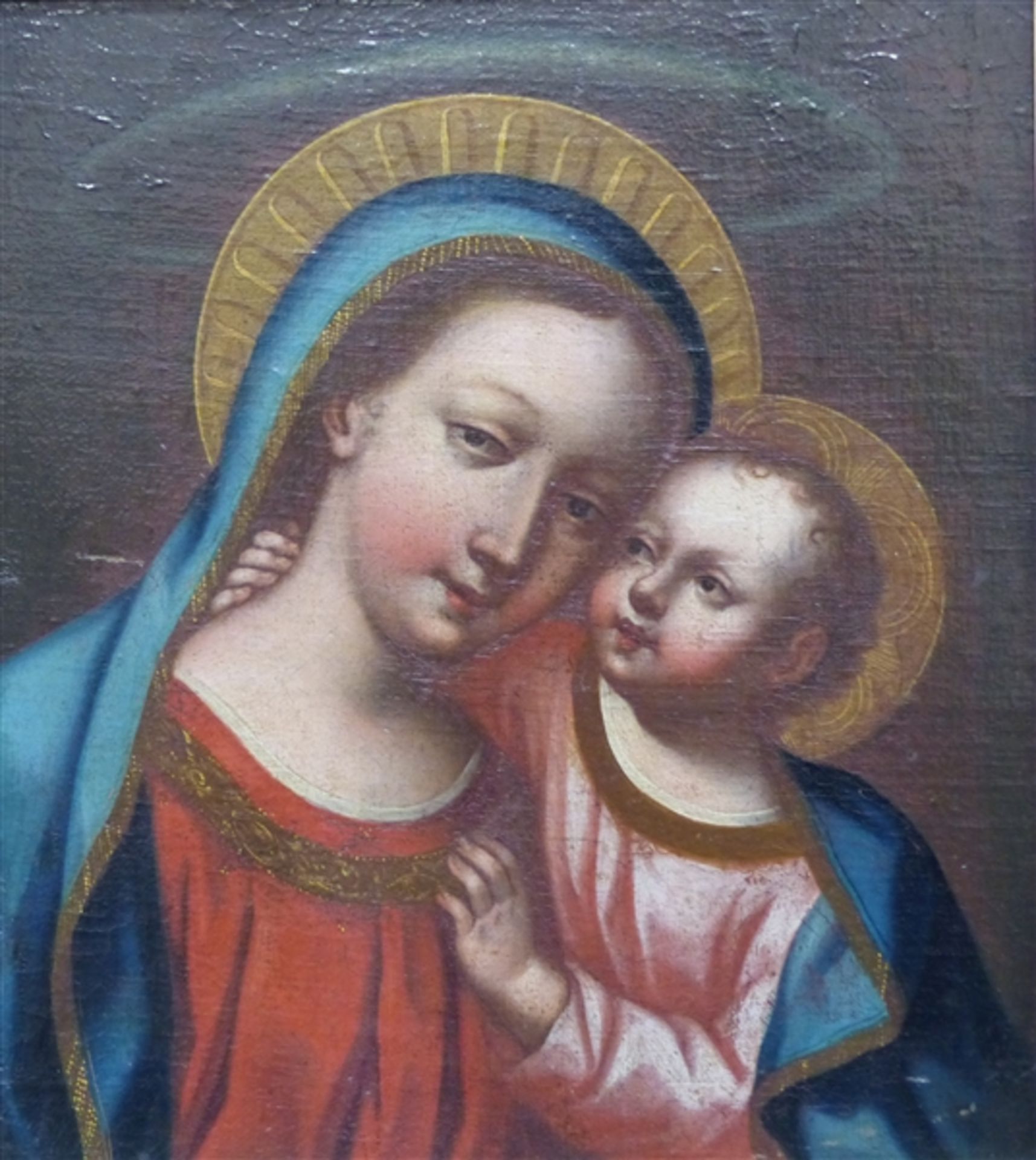 Süddeutsch, 19. Jh. Öl auf Leinen auf Holz, Madonnendarstellung mit Jesuskind, 38x34 cm, im Rahmen,