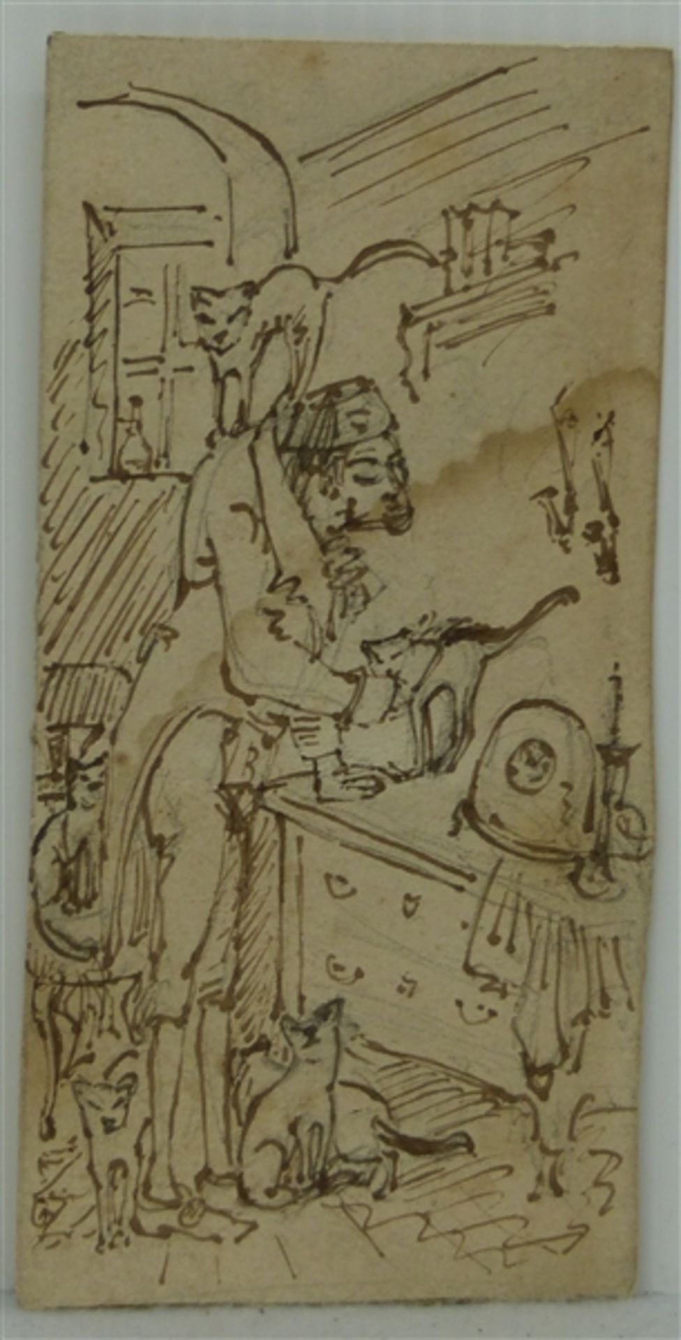 Zeichnung Carl Spitzweg, zugeschrieben, "Der Katzenfreund", Federzeichnung, Skizze, 13,5x6,5 cm,