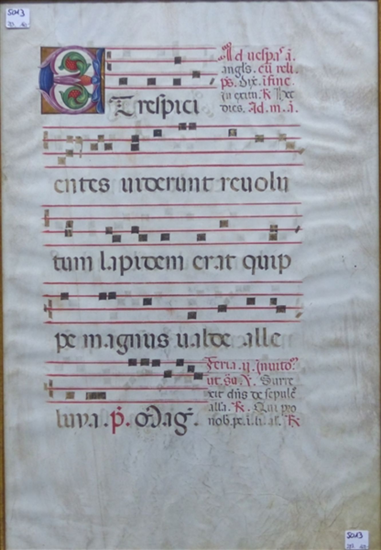 Pergamentblatt doppelseitig gerahmt, antike Notenblätter, 17. Jh., bemalt, selten, 54x36 cm, im