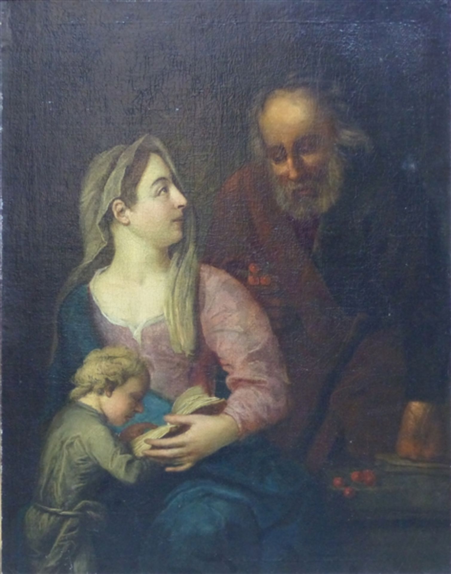 Heiligenmalerei, 17.Jh. Öl auf Leinen, doubliert, Madonna mit Jesuskind und Hl. Joseph, durch