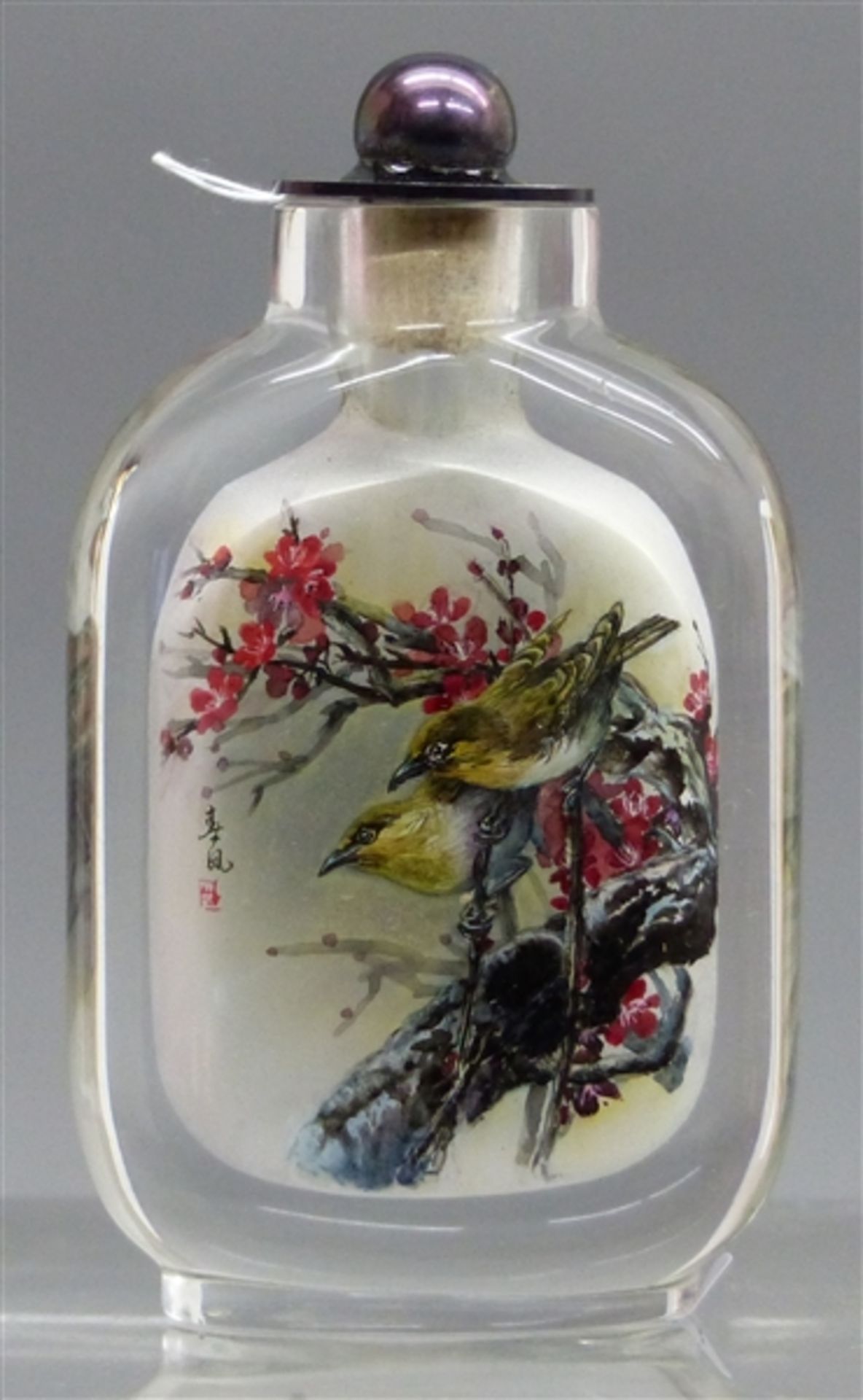 Snuffbottle China, Glas, Innenbemalung, Vogeldekor, signiert, h 8 cm,