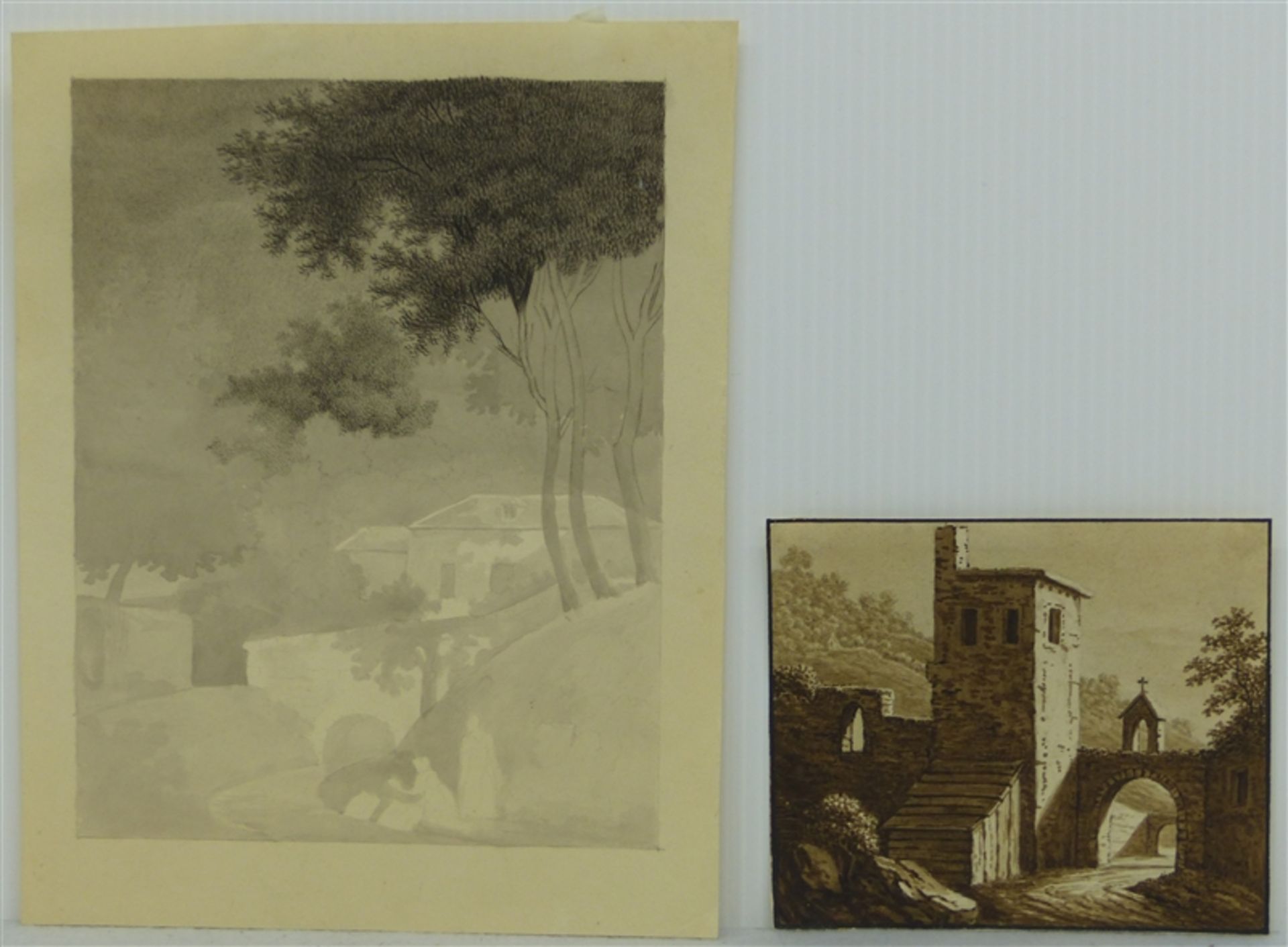 Paar Zeichnungen, um 1830 Feder/Aquarell, 1 x Blick auf eine Stadtmauer, 10x12 cm; 1 x Blick auf