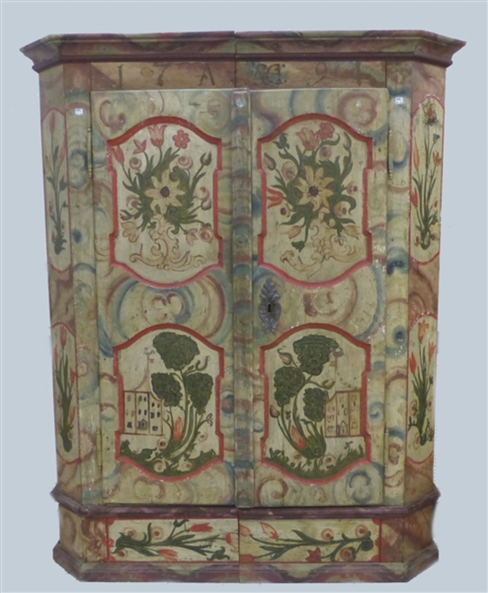 Bauernschrank, um 1800 Weichholz, 2-türig, Kassettenfüllungen, florale Bemalung, h 175 cm, b 142 cm,