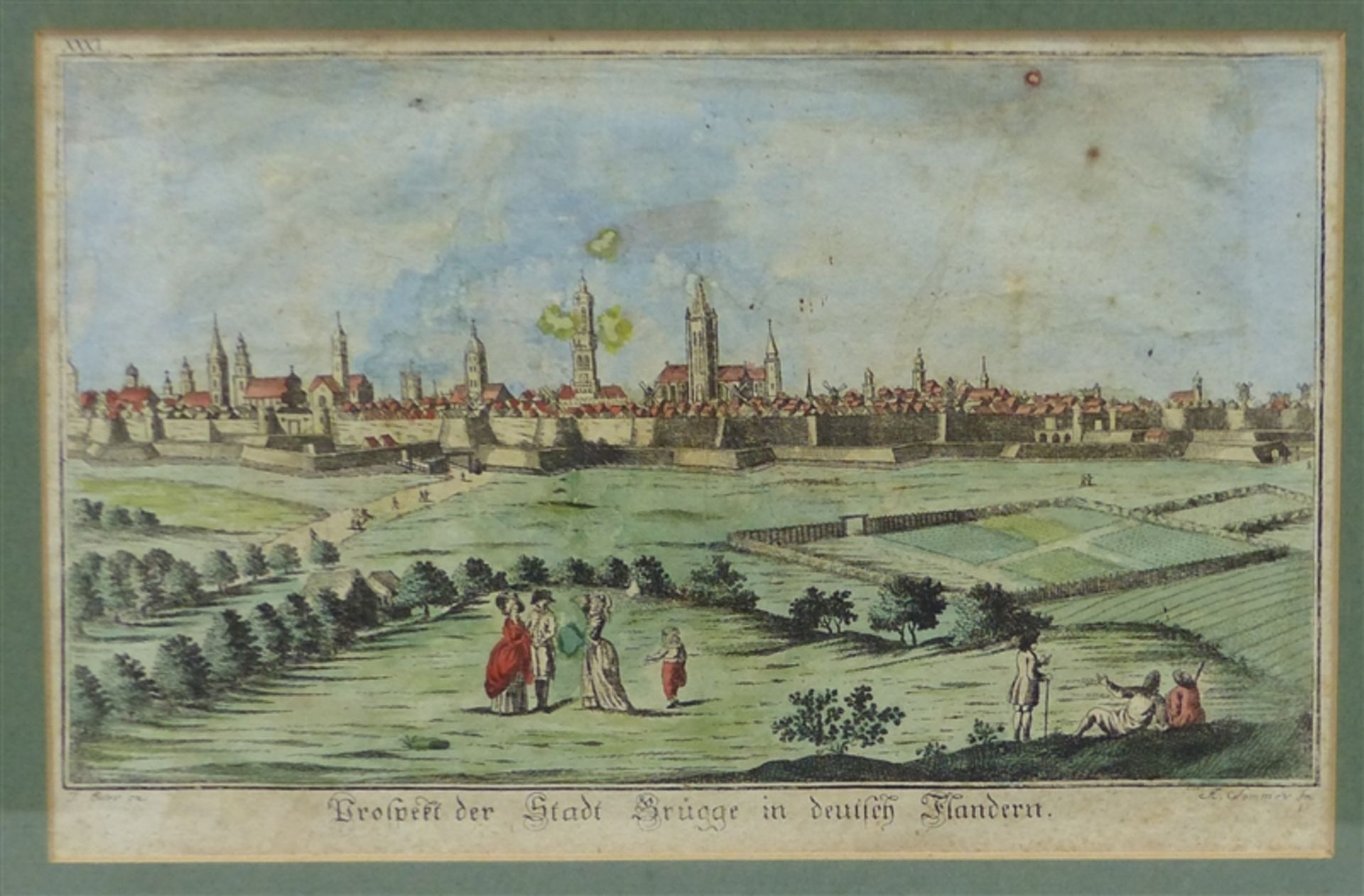 Kupferstich, um 1800 Prospekt der Stadt Brügge in Deutsch-Flandern, coloriert, beschädigt, 18x28 cm,