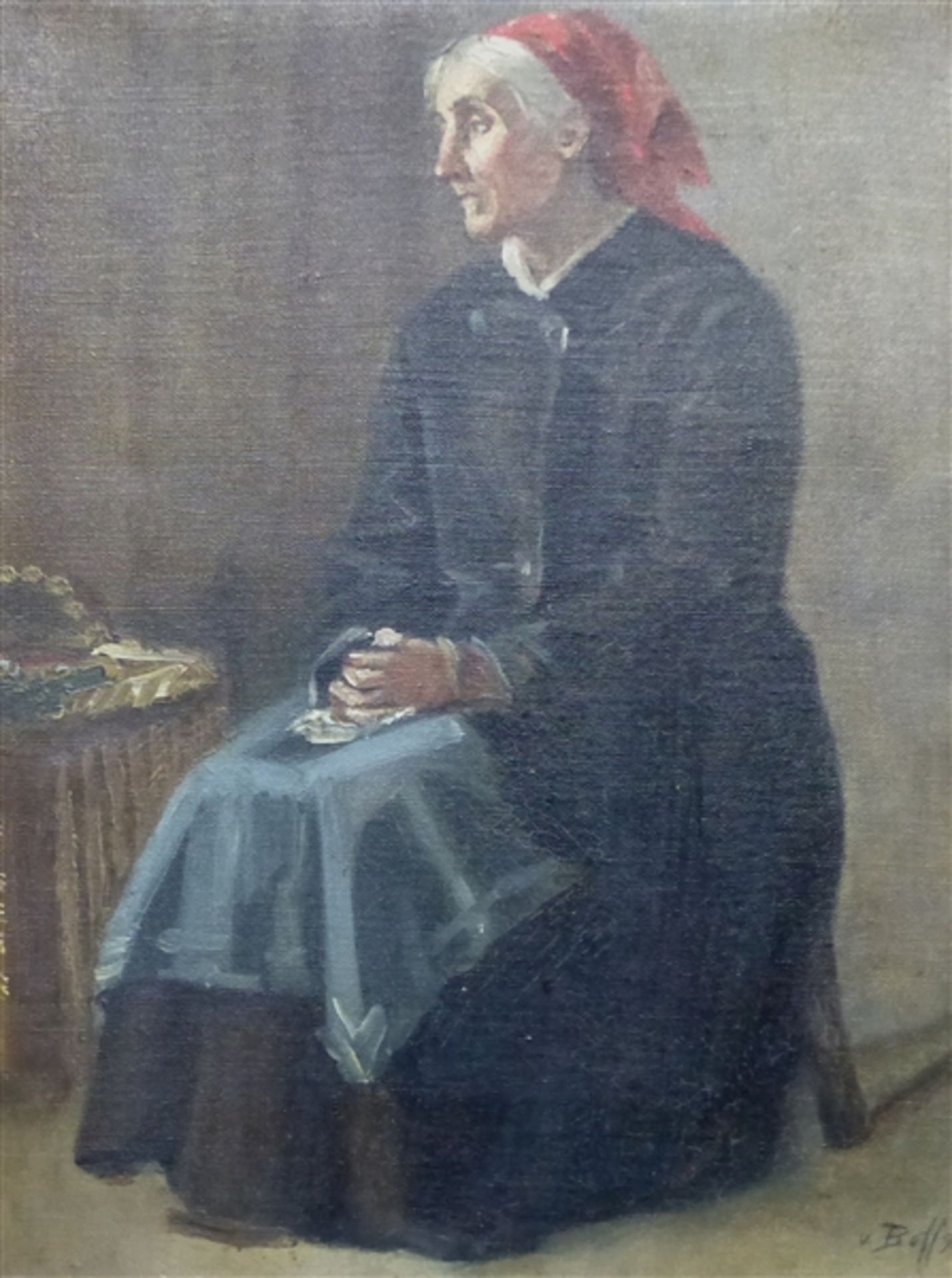 Interieurmalerei, 1896 Öl auf Leinen, doubliert, sitzende Dame beim Abendgebet, rechts unten