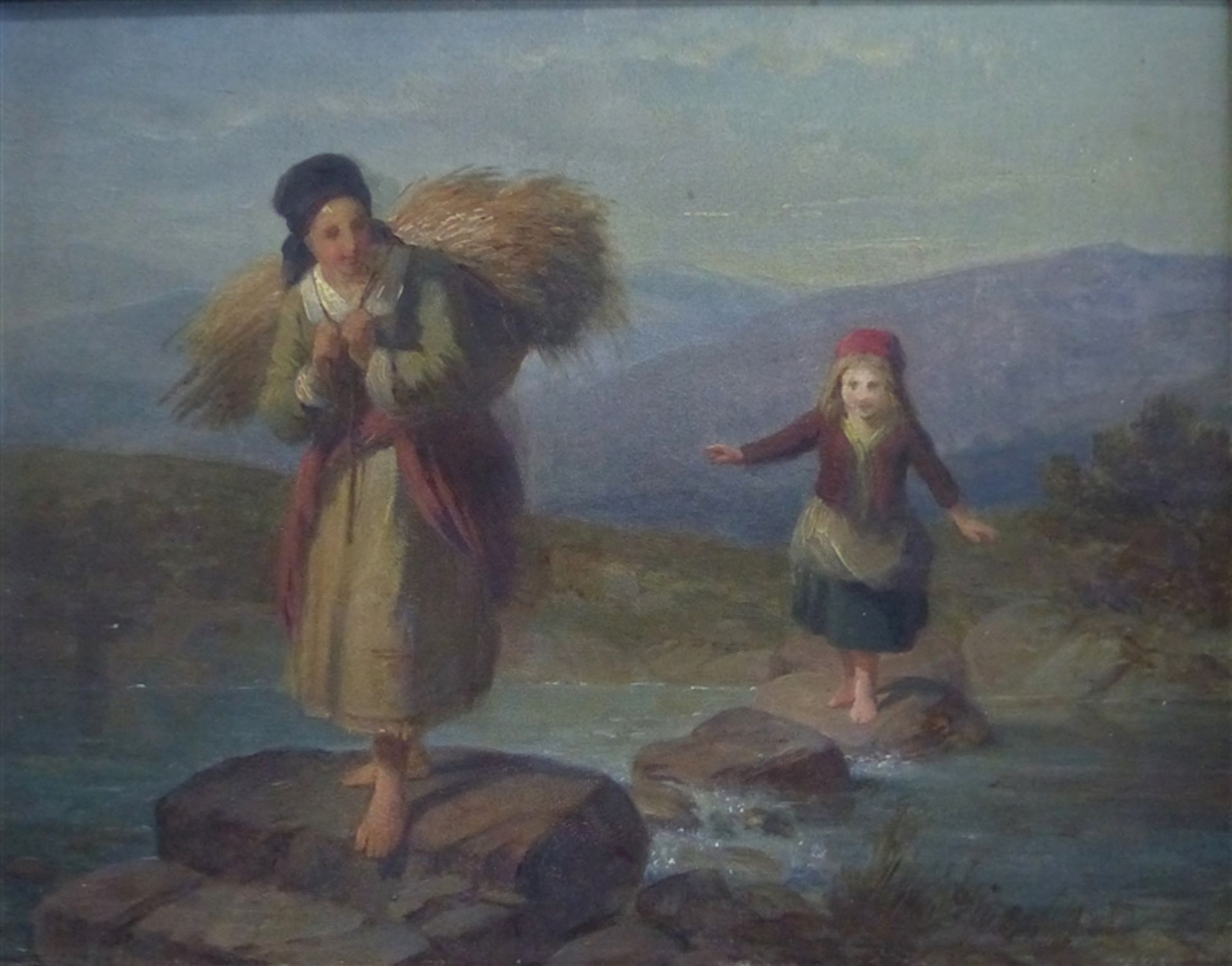 Deutsch, um 1870 Öl auf Holz, Frau mit Heu und Mädchen bei der Flußüberquerung, gute Arbeit, 19x24