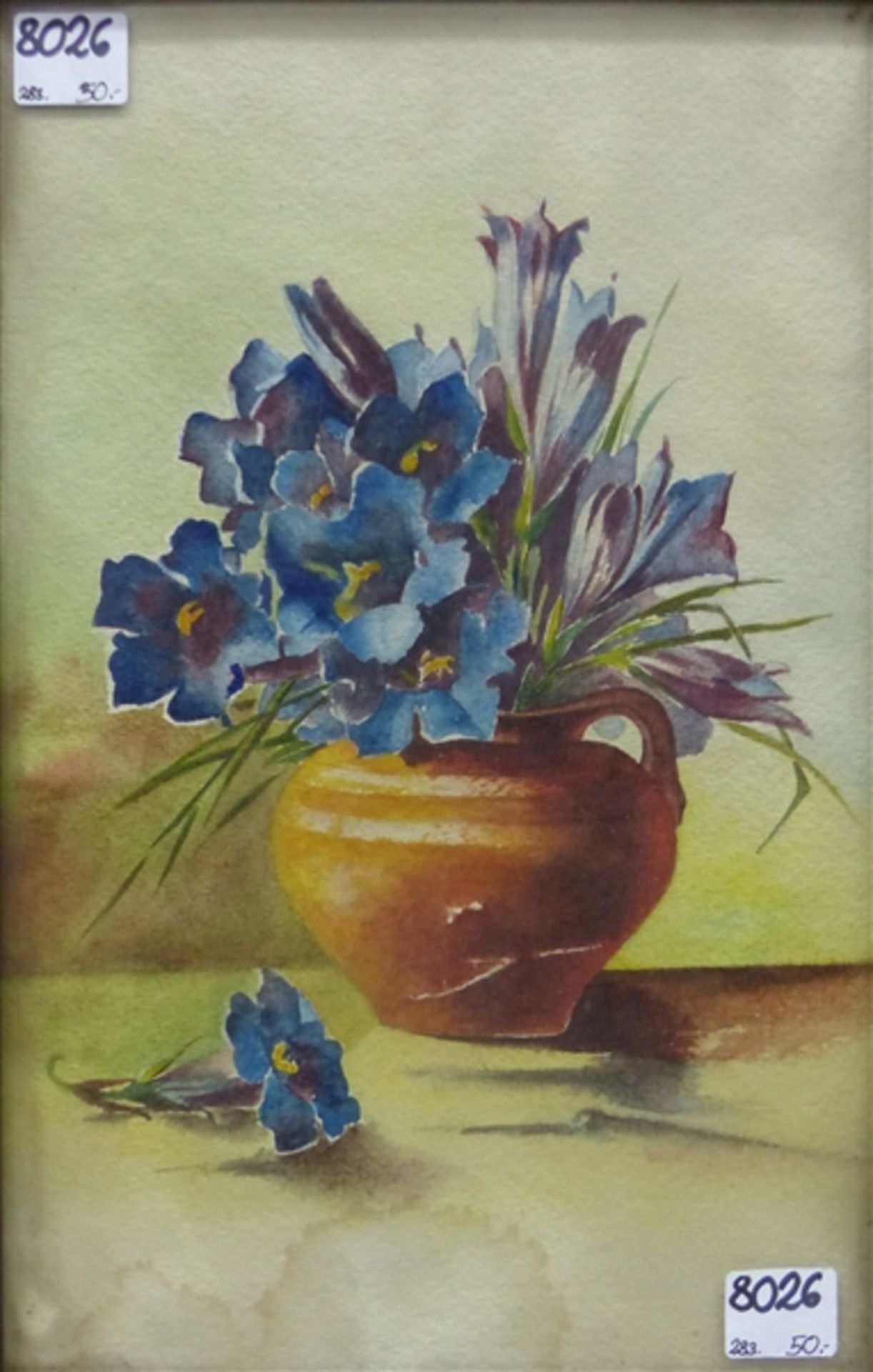 Blumenmalerei, um 1920, Aquarell auf Papier, Alpenveilchenstrauß in Tonkanne, 28x18 cm, im Rahmen,
