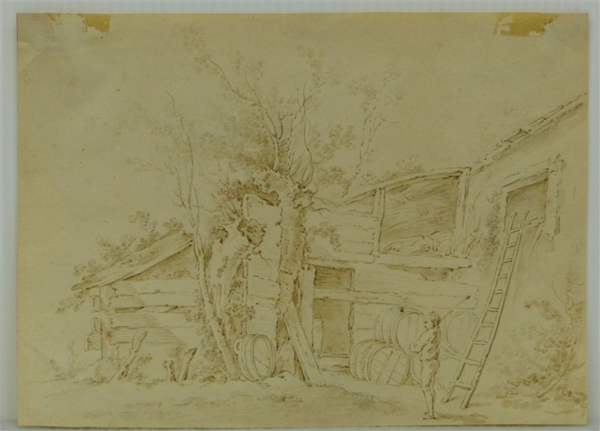 Federzeichnung Jean Baptiste Leprince (1734-1781), zugeschrieben, Hütte mit Weinfässern, 15,5x21